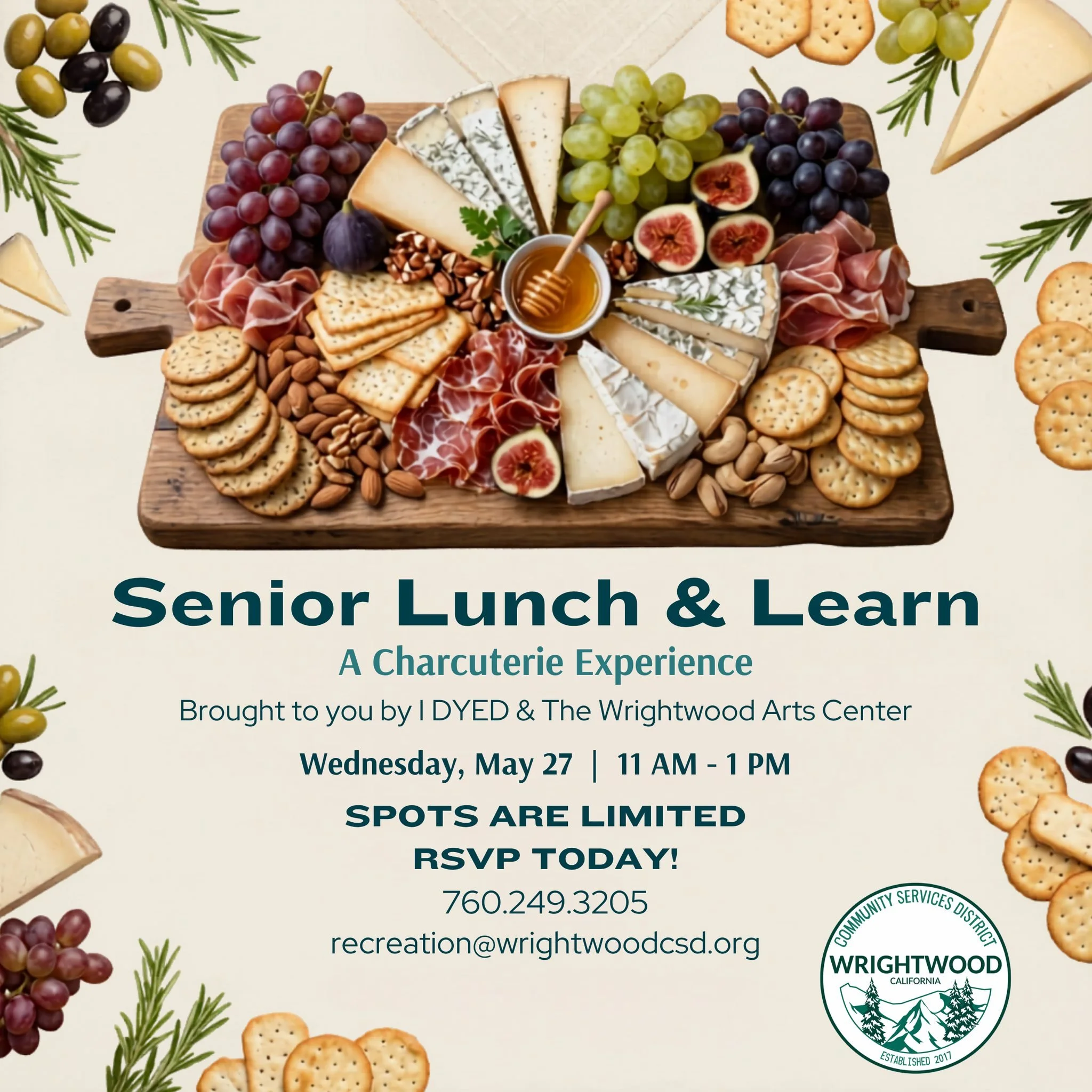🍇🧀 Charcuterie magic is happening! 
Seniors, come play with flavor and creativity at our Charcuterie Experience Lunch &amp; Learn with I DYED  and the Wrightwood Arts Center.

You&rsquo;ll enjoy a delicious spread, including stuffed mushrooms, whil