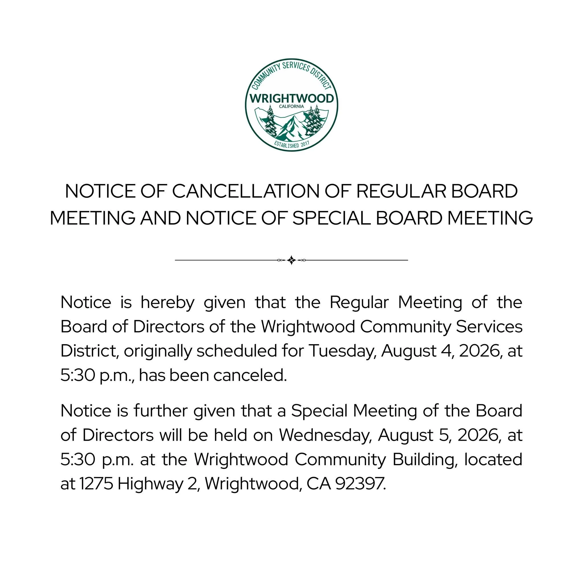 📢 Meeting Update: Please note that the Regular Board Meeting scheduled for Tuesday, August 4, has been canceled. A Special Board Meeting will be held on Wednesday, August 5, at 5:30 p.m.