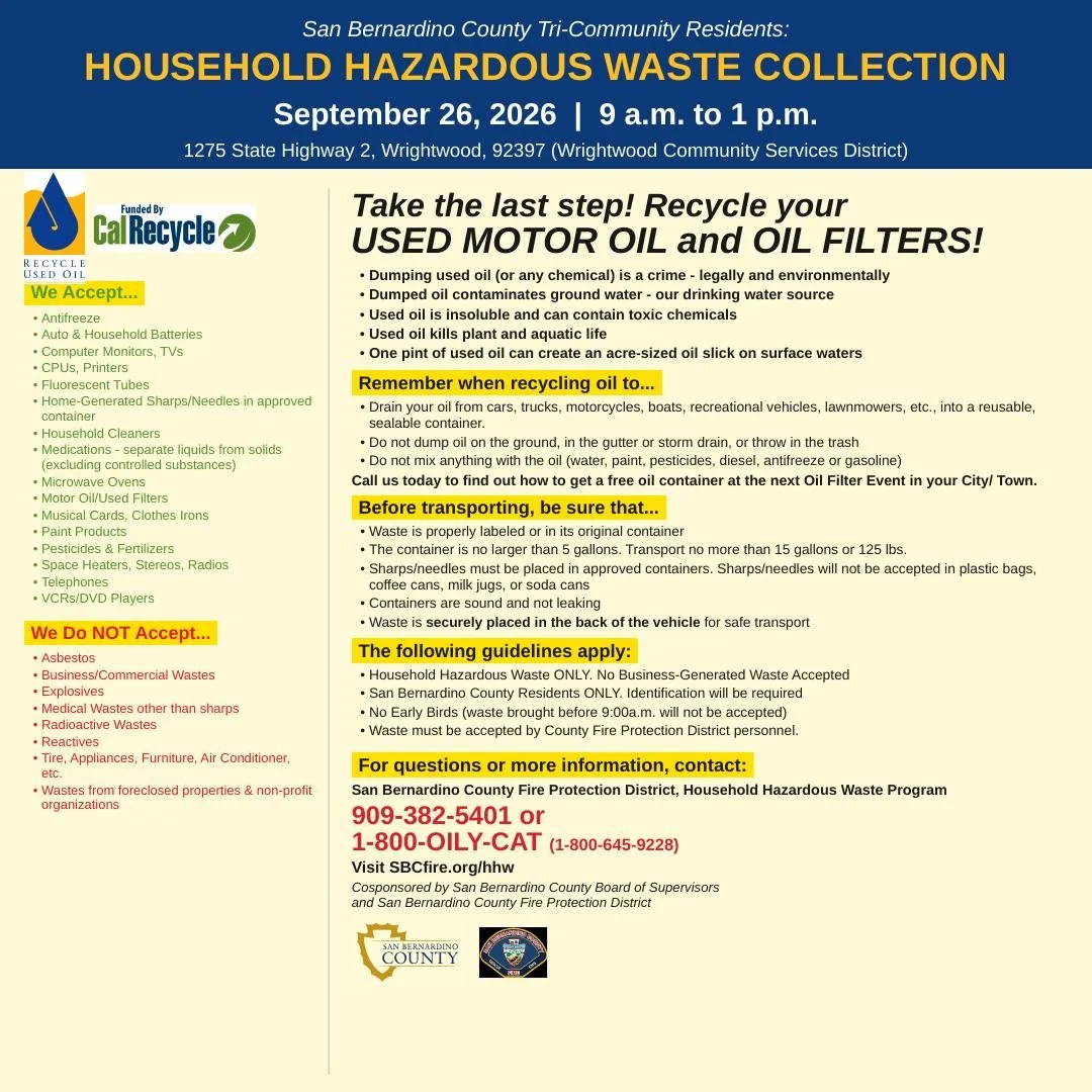 ♻️ TRI-COMMUNITY HOUSEHOLD HAZARDOUS WASTE COLLECTION IS COMING TO WRIGHTWOOD!

Got old paint cans taking up space? Used motor oil or filters? Dead batteries? An old TV or computer you&rsquo;ve been meaning to get rid of properly? Saturday, September