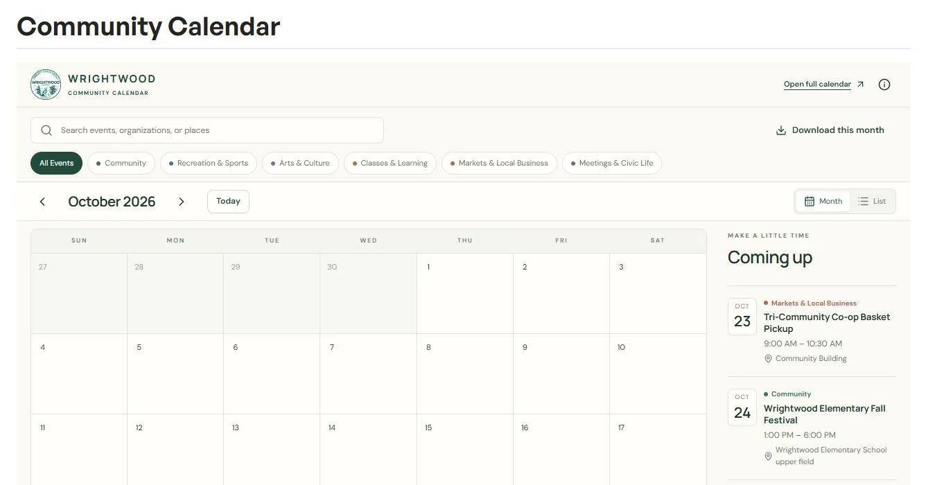 🎉 IT'S OFFICIAL! THE WRIGHTWOOD COMMUNITY CALENDAR IS LIVE! 🎉

We are excited to announce the official launch of the Wrightwood Community Calendar, a new community resource designed to bring our town's events, activities, organizations, and busines