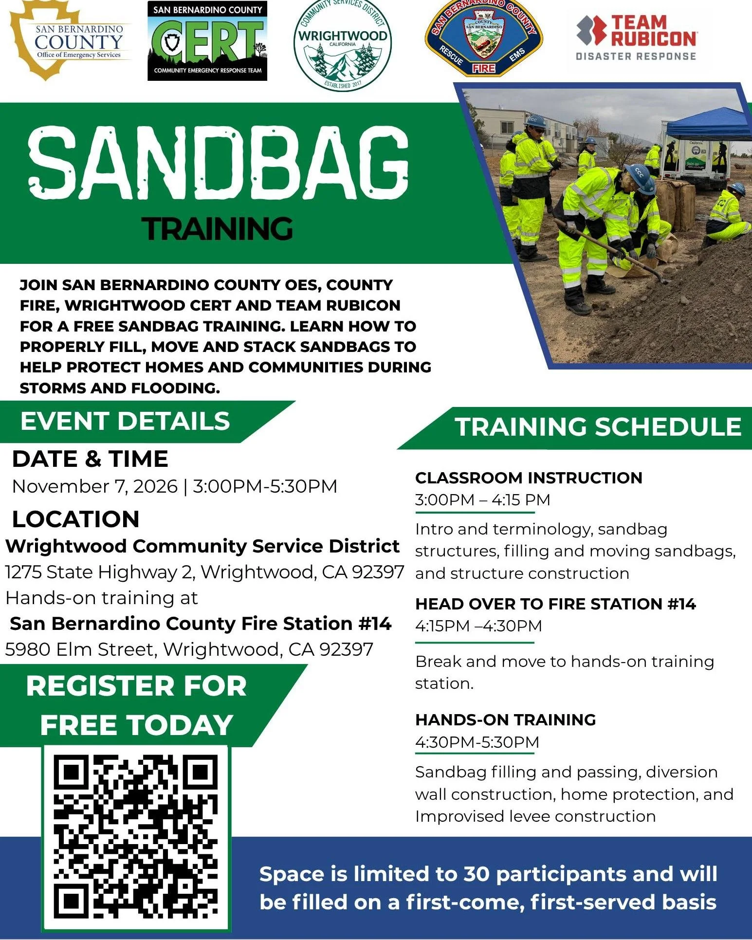 🌧️ BE PREPARED | FREE SANDBAG TRAINING IN WRIGHTWOOD!

With storm season approaching, knowing how to properly protect your home and property from flooding can make all the difference!

Join San Bernardino County Office of Emergency Services, County 