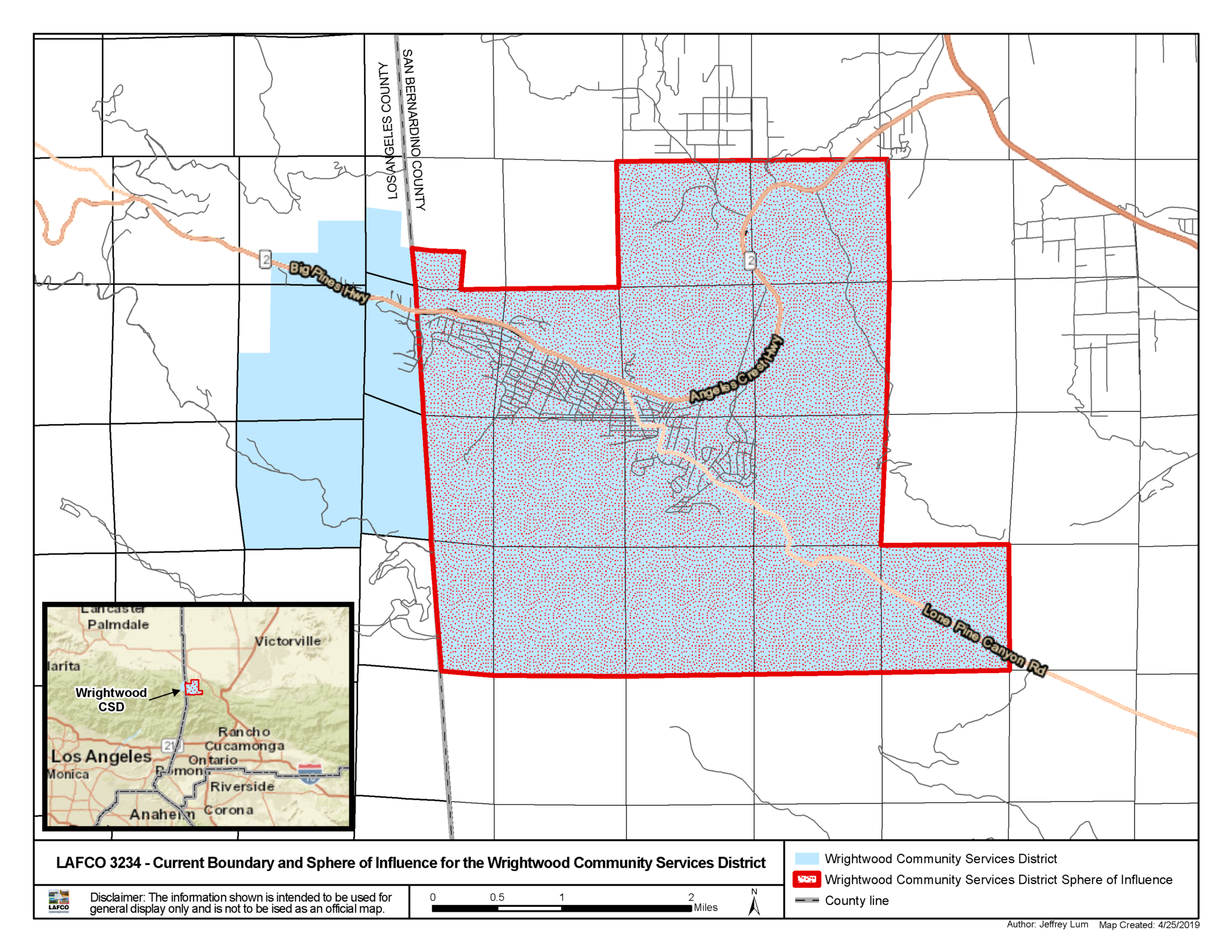 Map showing Wrightwood Community Services District boundary and sphere of influence in San Bernardino County. The area is outlined in red. Inset map shows location relative to Los Angeles.