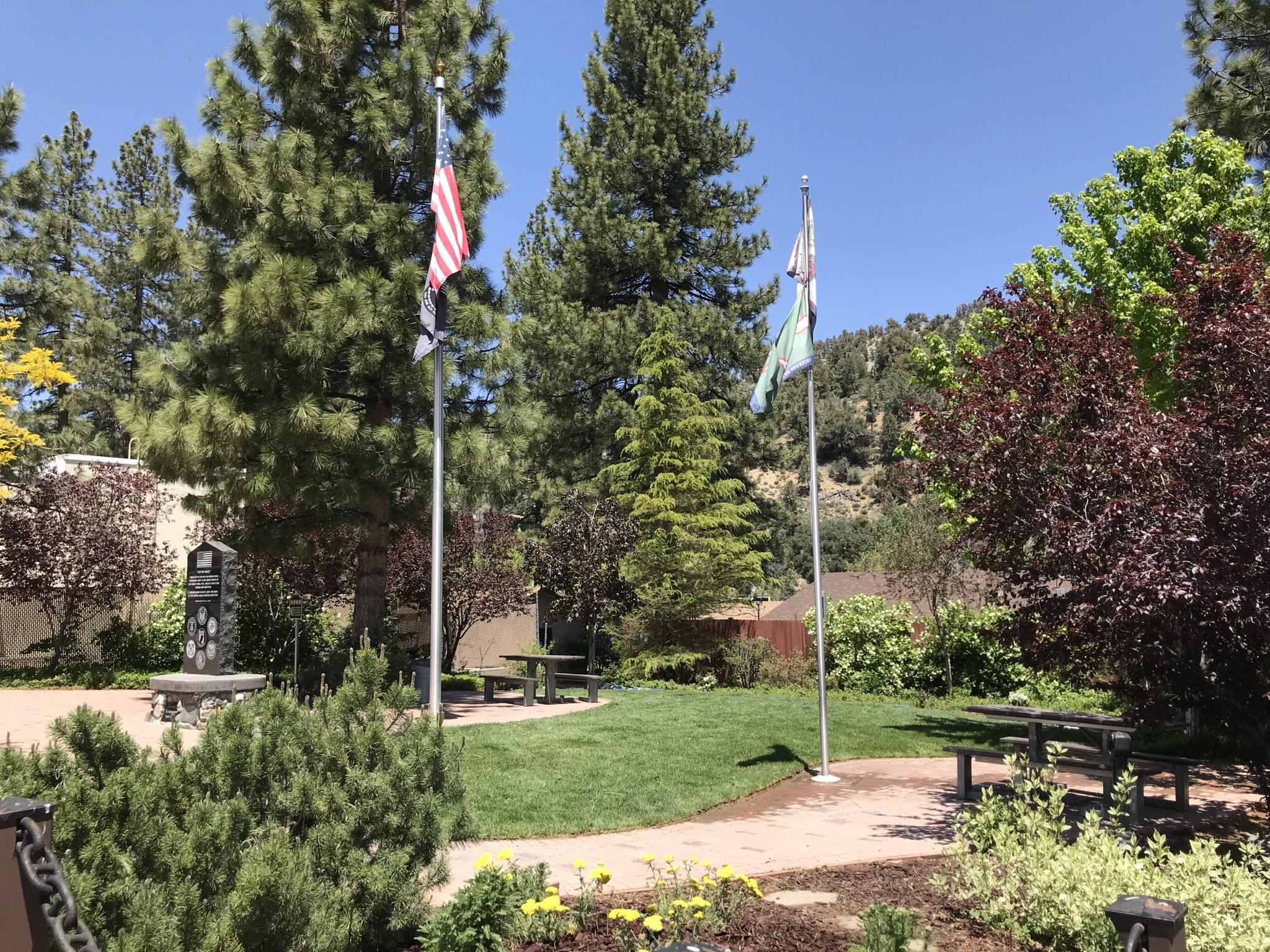 Veterans Park Memorial, a peaceful park scene with lush green grass, two flagpoles flying American and other flags, surrounded by tall pine trees and colorful foliage under a clear blue sky.