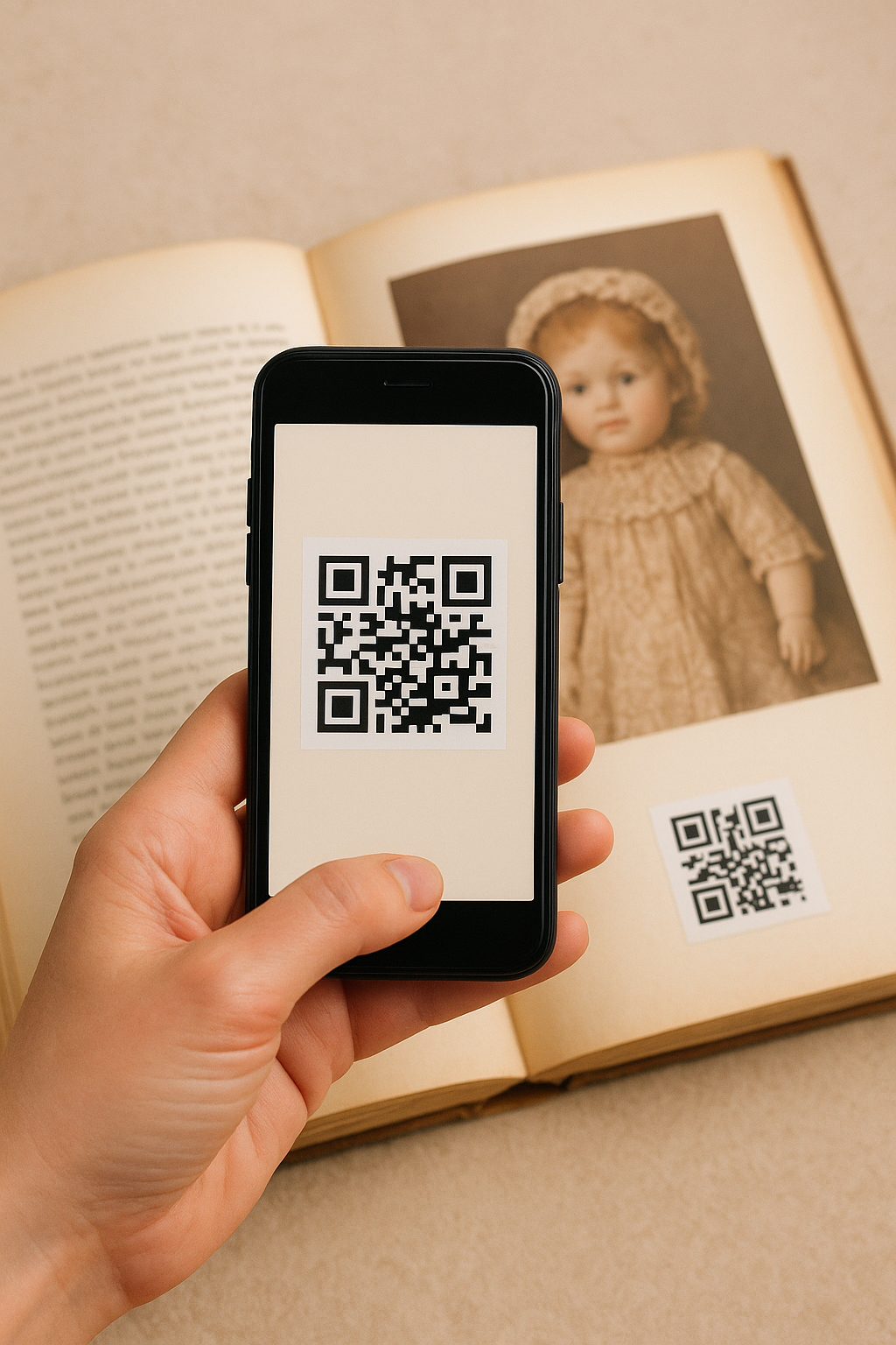 A hand holding a smartphone with a QR code, positioned above an open book displaying a photograph of an antique doll, along with a printed QR code on the page.