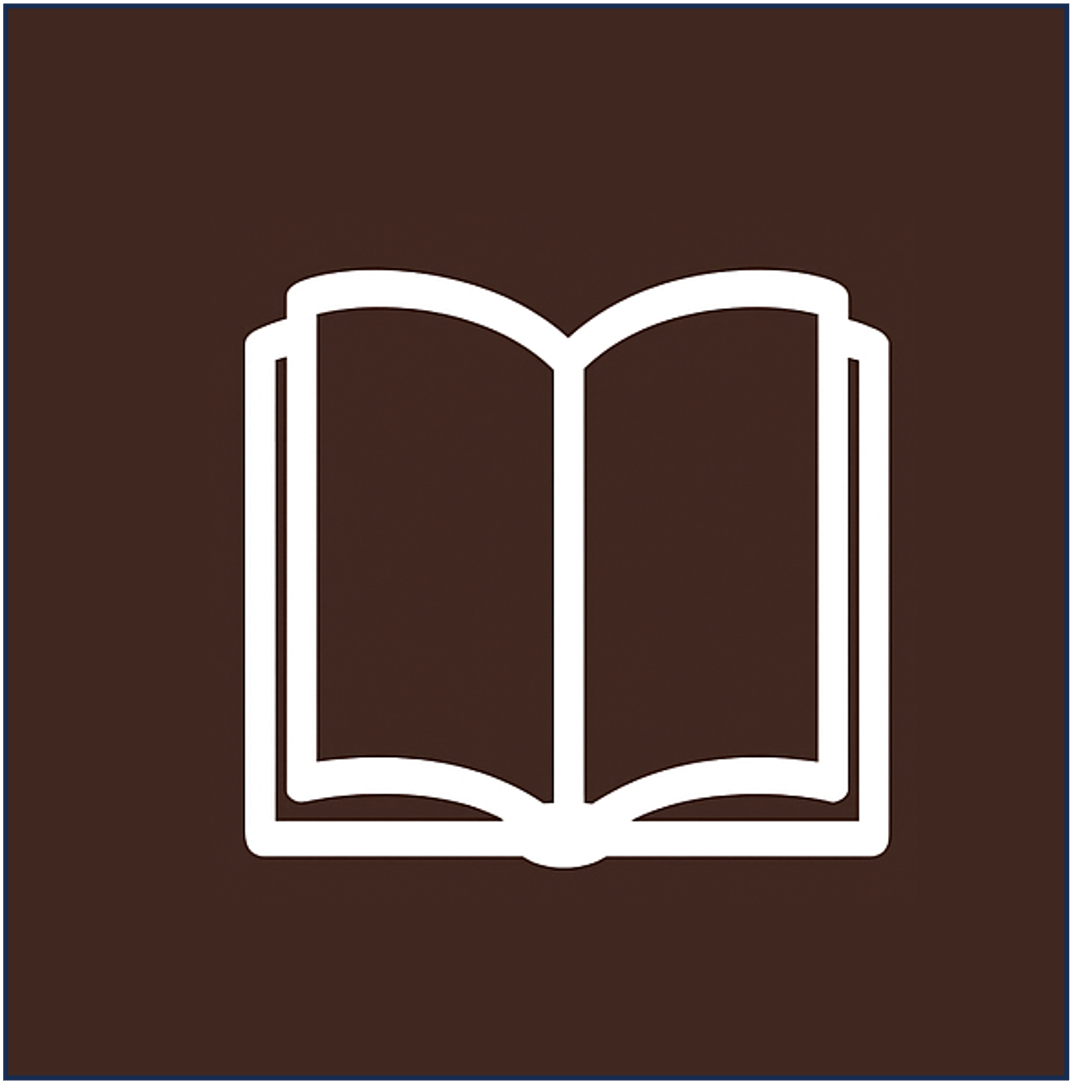 Icon of an open book on a dark brown background.