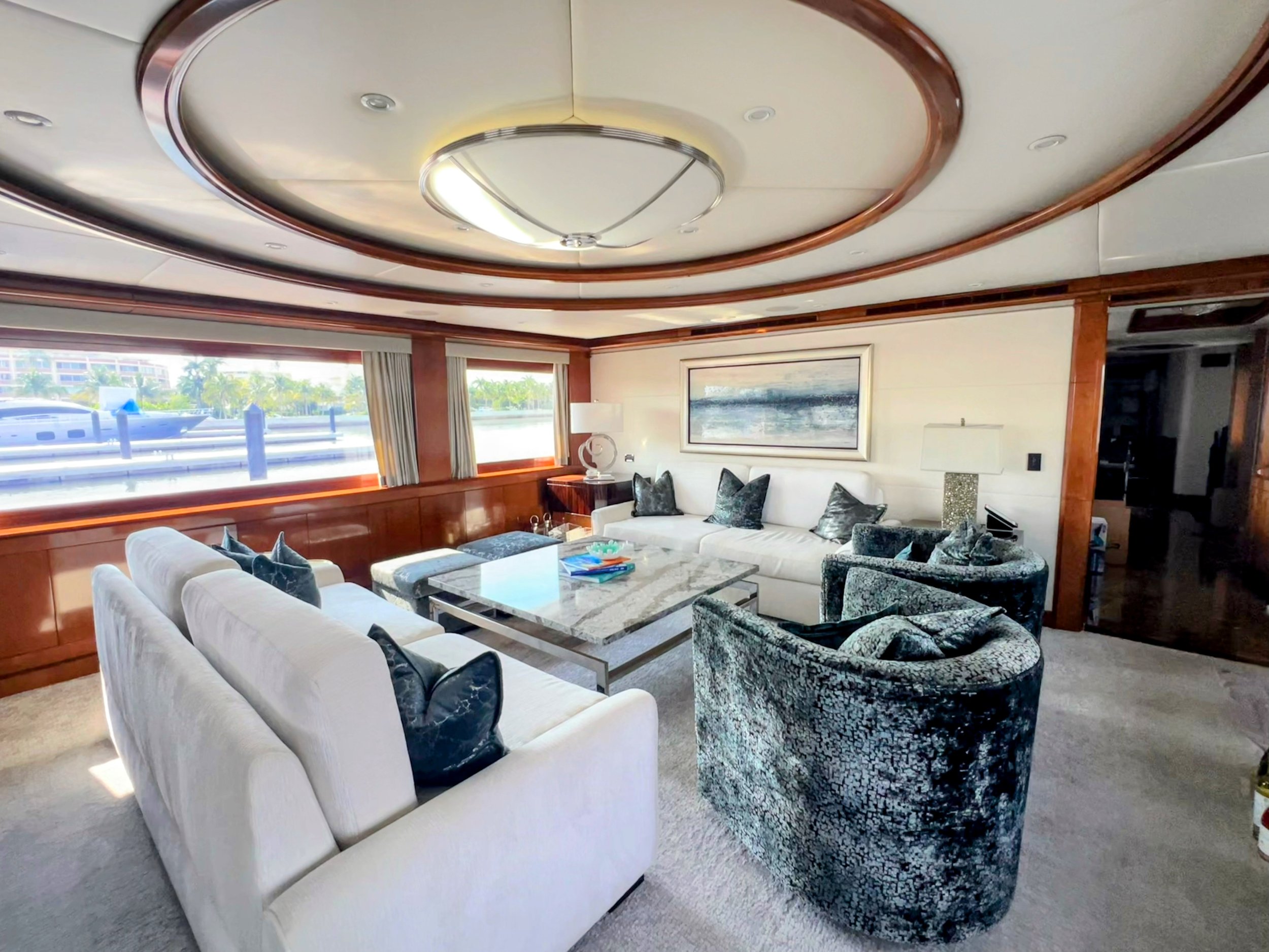 Main salon organization for charter yacht in Palm Beach, California.