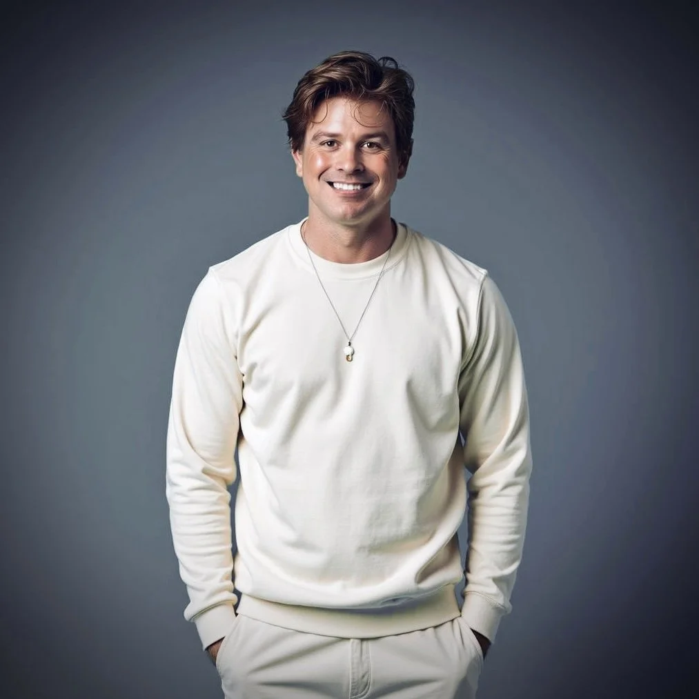 A young man with brown hair, smiling, wearing a cream-colored sweatshirt and matching pants, standing against a gray background.