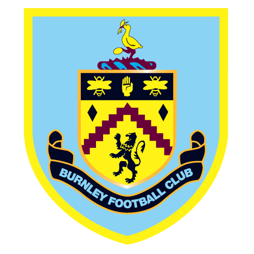 Burnley Football Club crest featuring a yellow bird perched above a shield with bees, a hand, lions, and a staircase pattern, with a banner reading 'Burnley Football Club' at the bottom.
