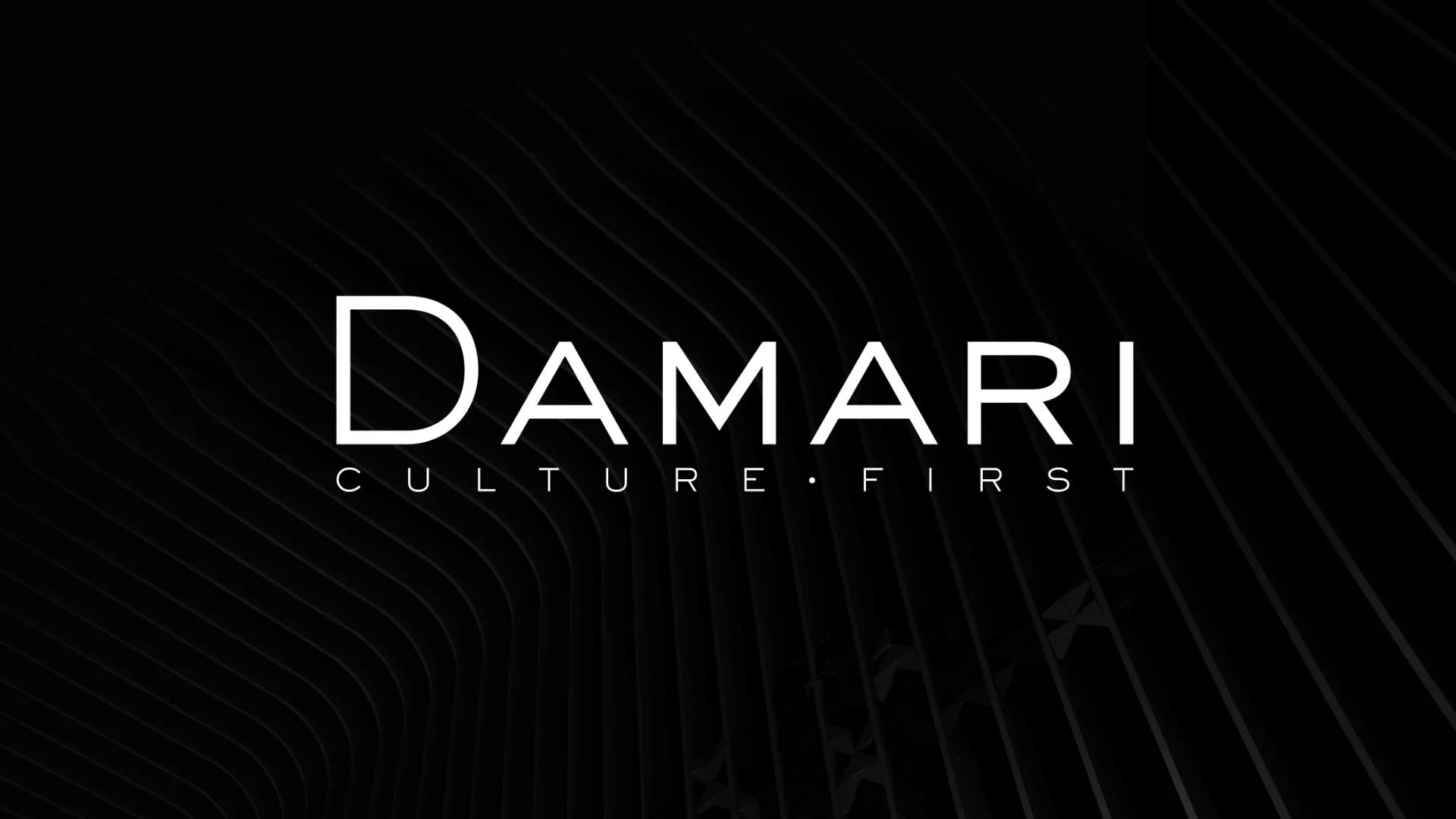 Black background with thin, curved gray lines and the white text 'DAMARI' in large font, with smaller text 'CULTURE · FIRST' below.