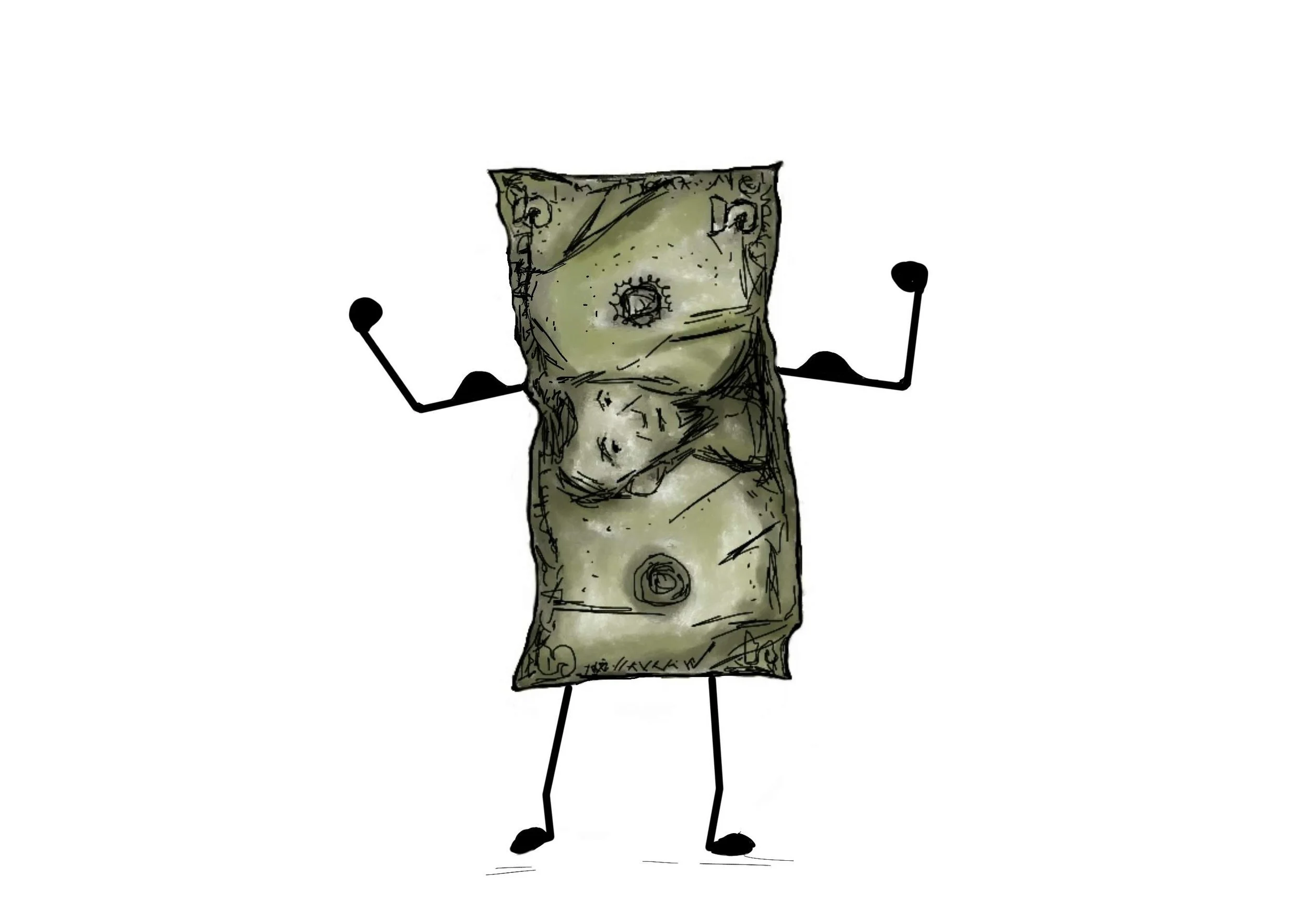A cartoonish dollar bill with stick figure arms and legs, standing with arms raised.