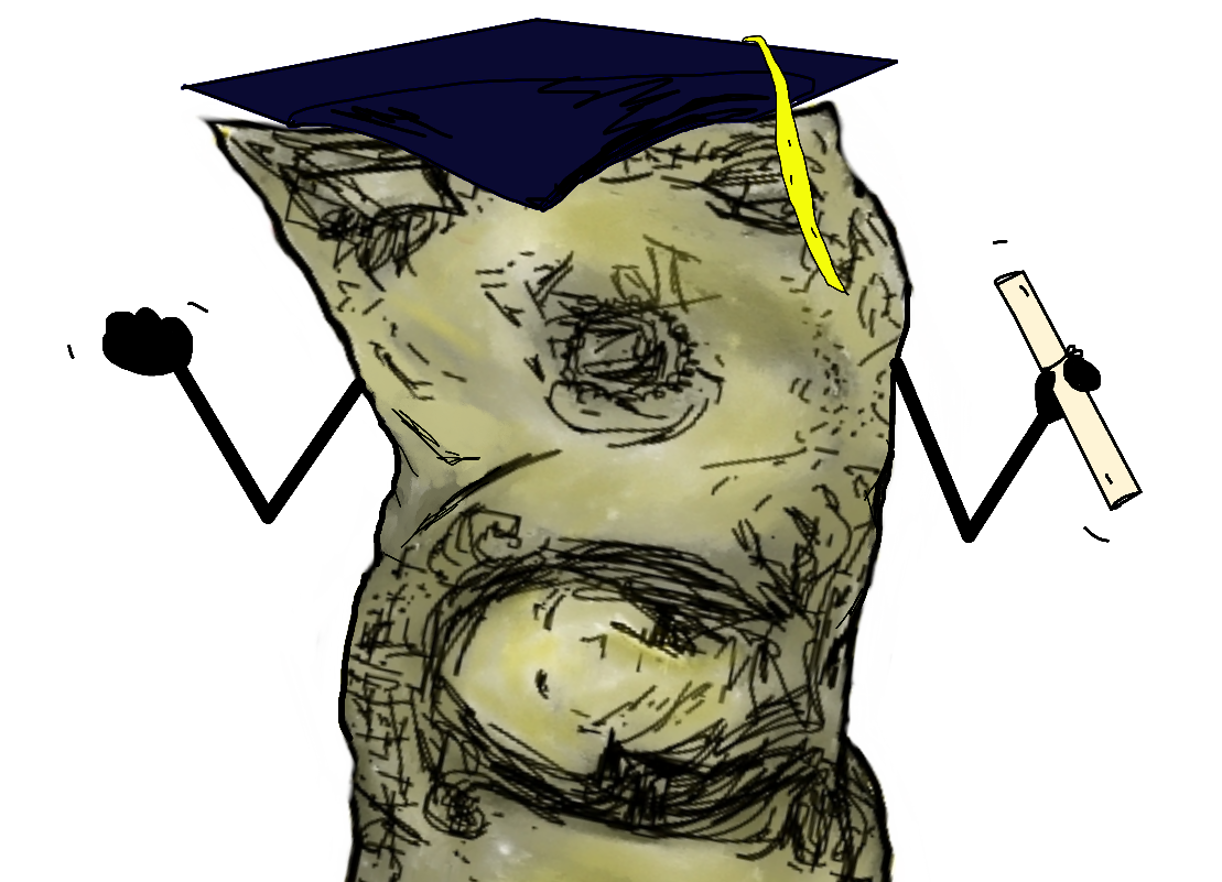 A drawing of the top half of a dollar with arms wearing a graduation cap with a yellow tassel and holding a diploma.