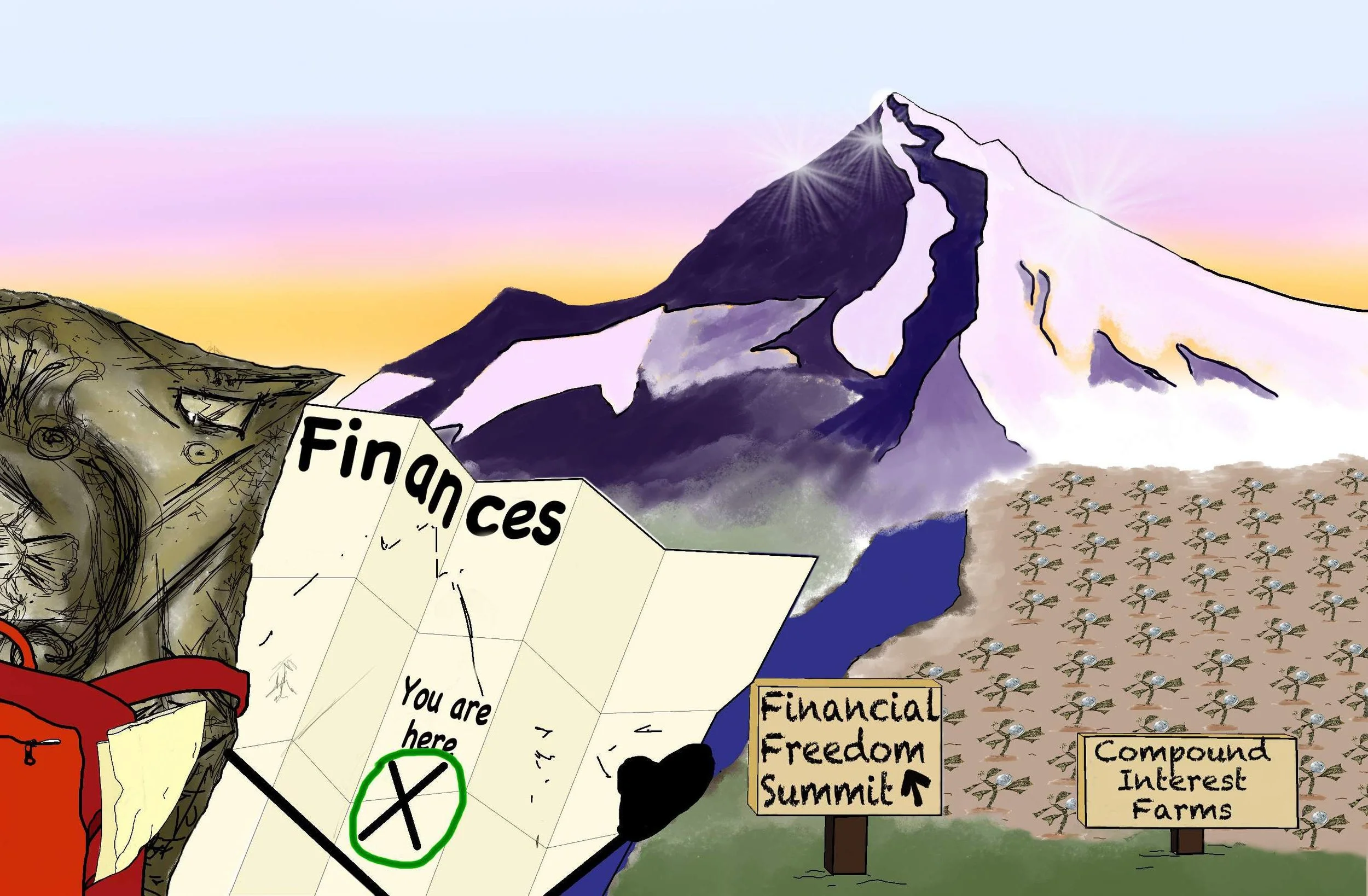 An illustration of a dollar bill hiking toward Financial Freedom Summit, a purple mountain. The dollar has a map titled Finances with an X circled in green showing their location. To the right there is Compound Interest Farms, rows of money plants.