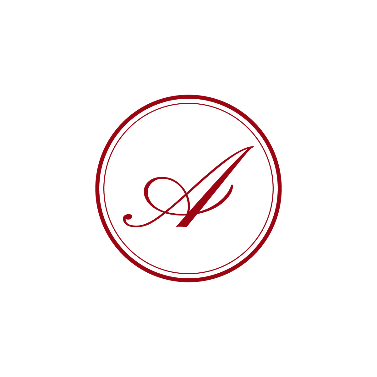 A logo with a white background and maroon border featuring a stylized letter 'A' in cursive inside a circle.