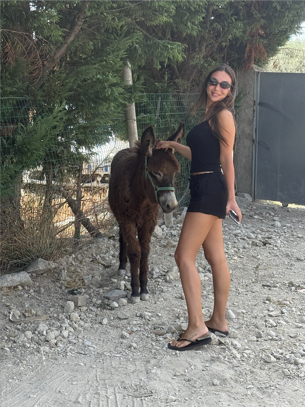 A woman wearing sunglasses, a black tank top, black shorts, and flip-flops stands outdoors on a rocky ground, smiling at the camera while petting a small brown donkey with long ears and a green halter. There are green trees and a metal gate in the background.