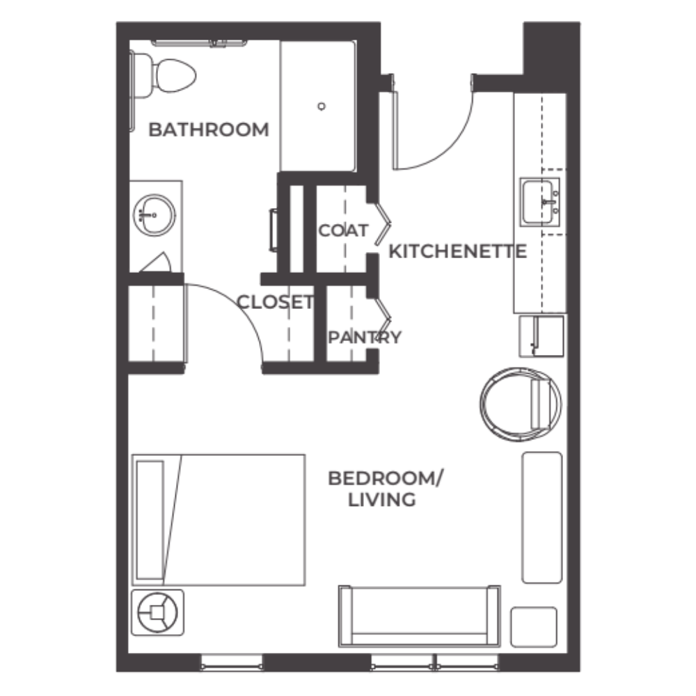 Floor plan of a small apartment showing a bathroom, closet, coat closet, pantry, kitchenette, and bedroom/living area.