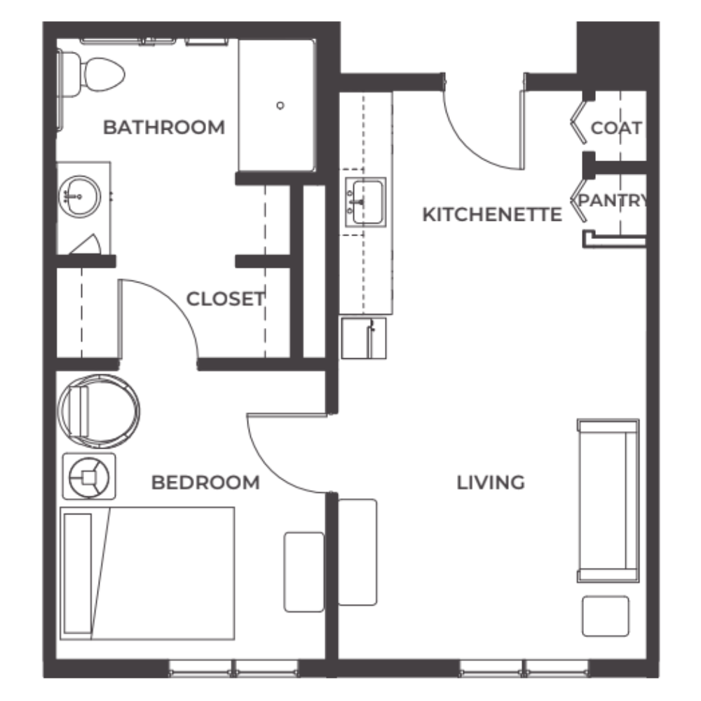 Floor plan of a small apartment with labeled rooms including a bathroom, bedroom, closet, kitchenette, pantry, coat closet, and living area.