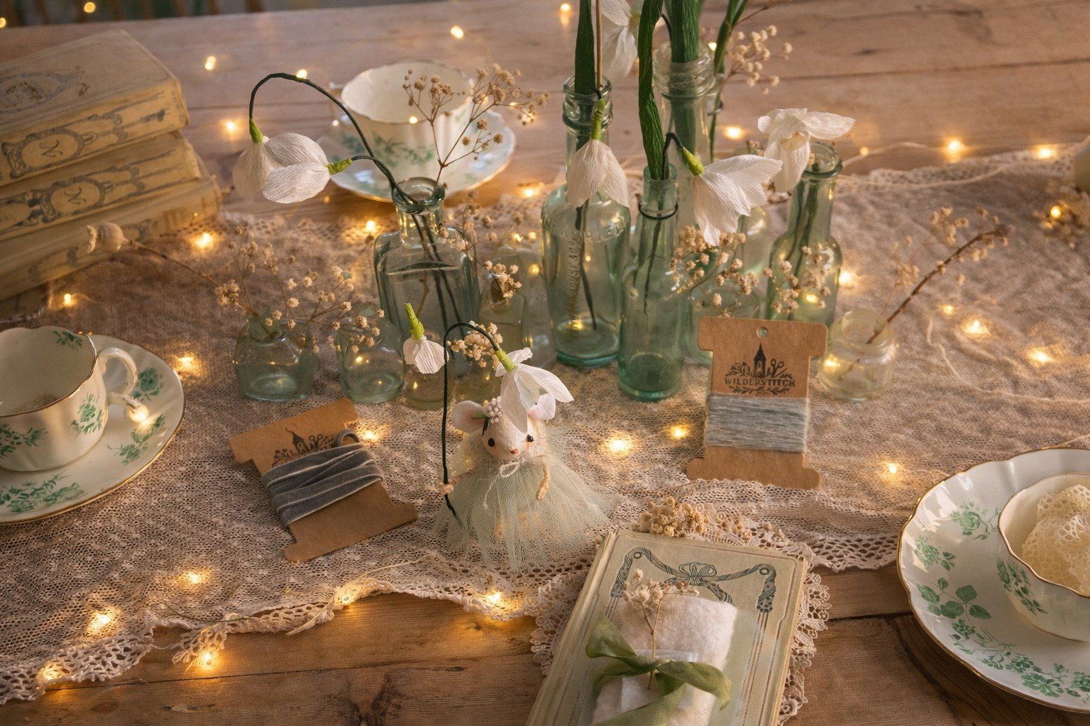 Vintage table setting with china, flowers and fairy lights for the Wilderstitch Snowdrop Mouse sewing workshop at Forge Coffee in Oxfordshire.