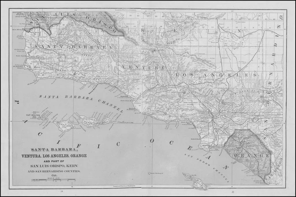 Historical map depicting Santa Barbara, Ventura, Los Angeles, Orange, and parts of San Luis Obispo, Kern, and San Bernardino counties in Southern California, including coastline features and county borders.