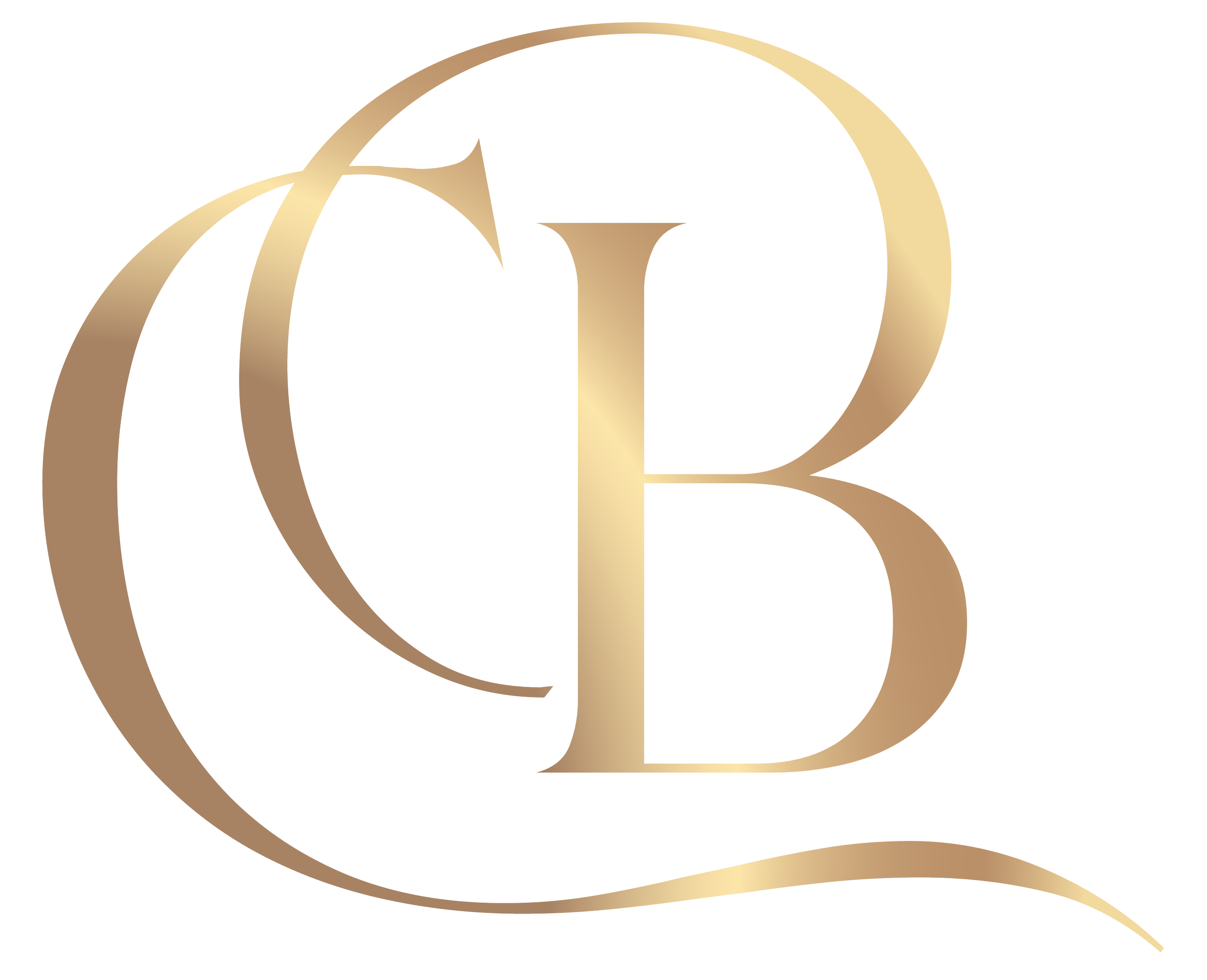 A stylized, gold-colored letter 'C' intertwined with a letter 'B' in the center, featuring a gold and white gradient with some pastel pink and yellow accents.