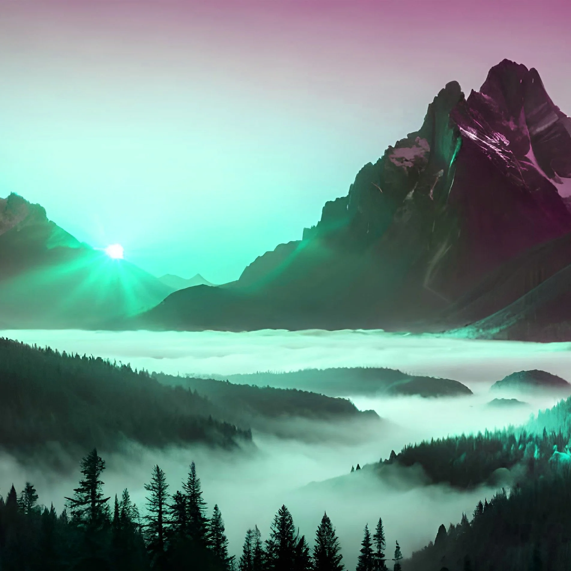 Paisaje montañoso con picos altos y niebla en un valle, amanecer con luz suave y colores pastel.