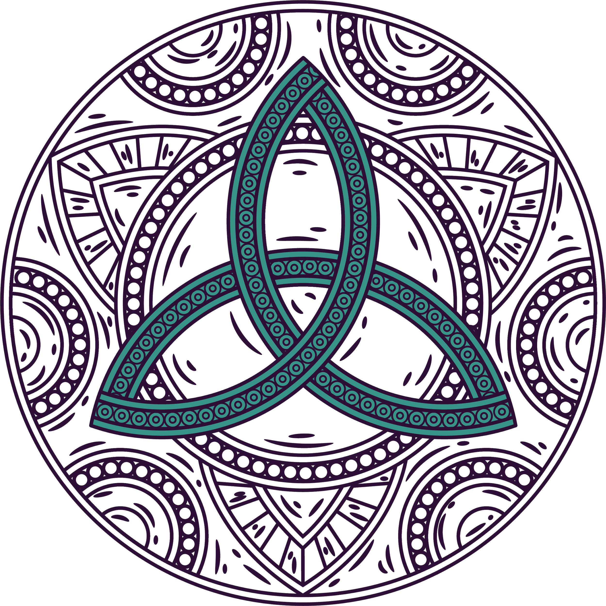 Círculo con un diseño celtico que incluye un trisquel en el centro y patrones decorativos en el fondo con líneas verdes y moradas sobre fondo negro.