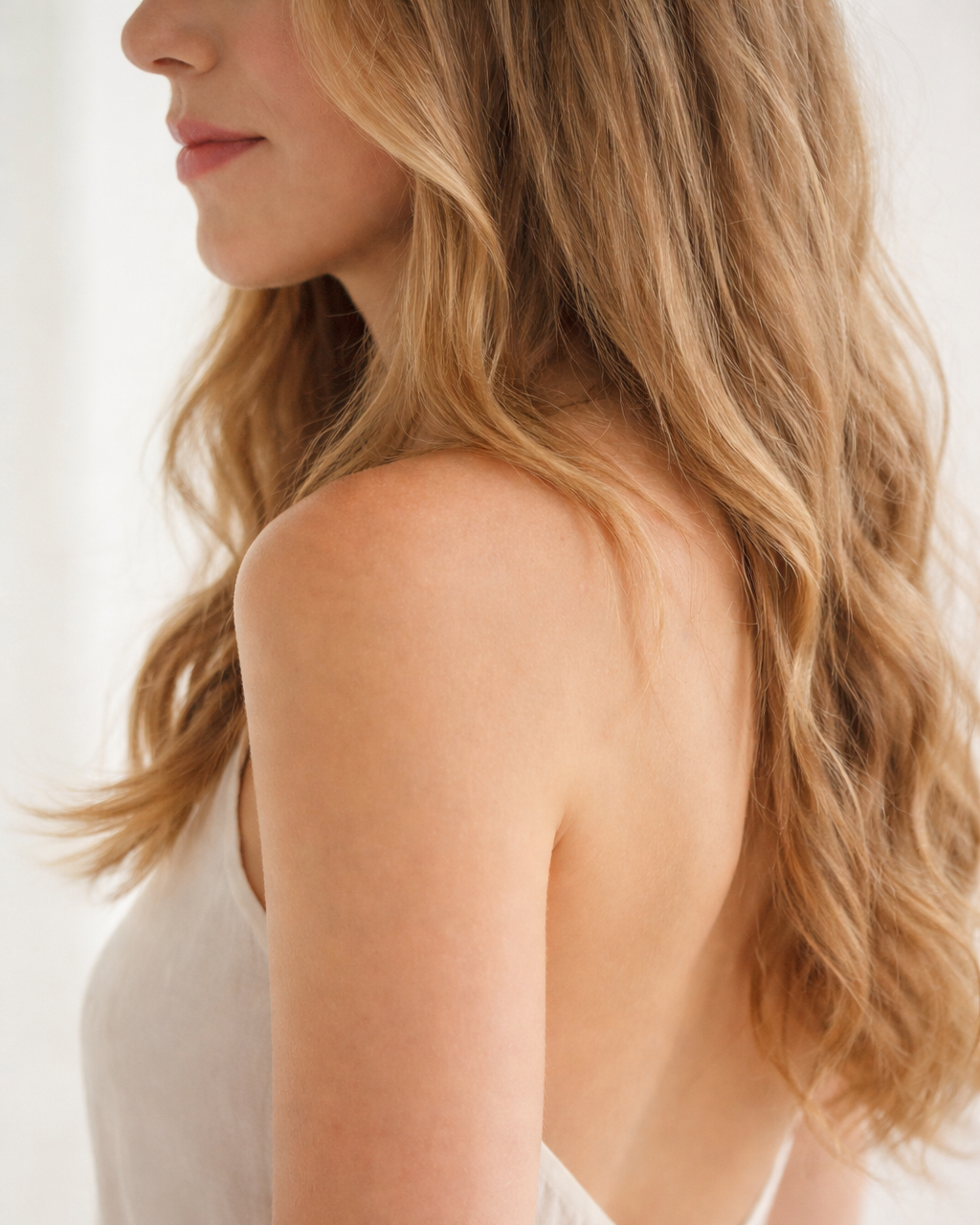 Mujer con cabello rizado rubio y piel clara, vista en perfil desde el torso hacia arriba, con blusa blanca, fondo neutro.