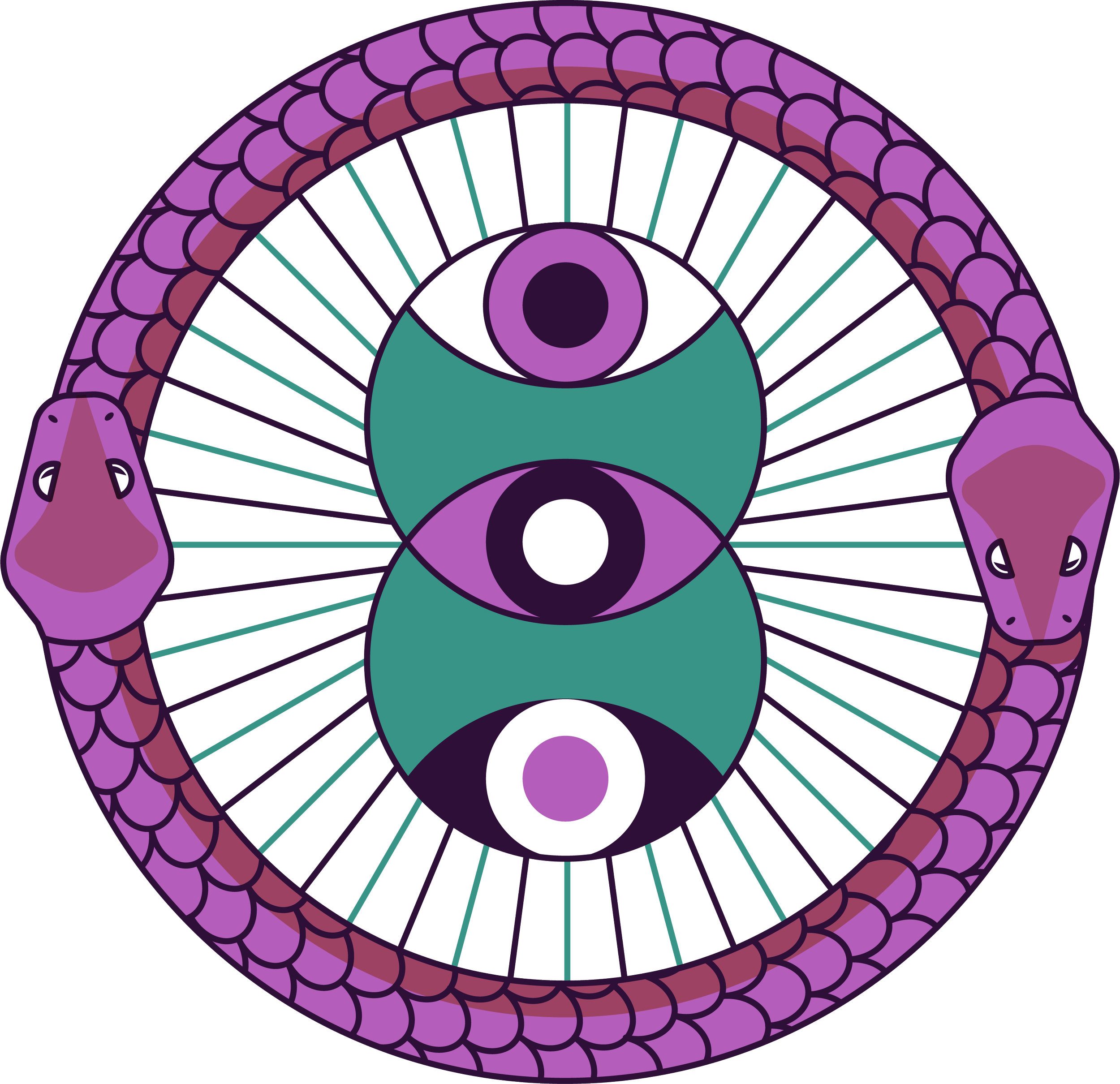 Ilustración simétrica con tres ojos en el centro rodeados por una serpiente con escamas púrpuras y cabezas de serpiente en los extremos.