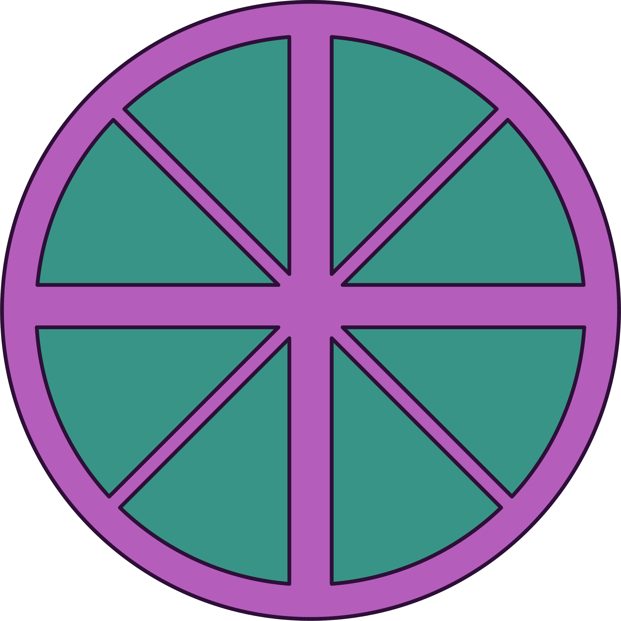 Una ilustración de una rueda dividida en ocho segmentos de color verde con un borde y divisiones en color púrpura.