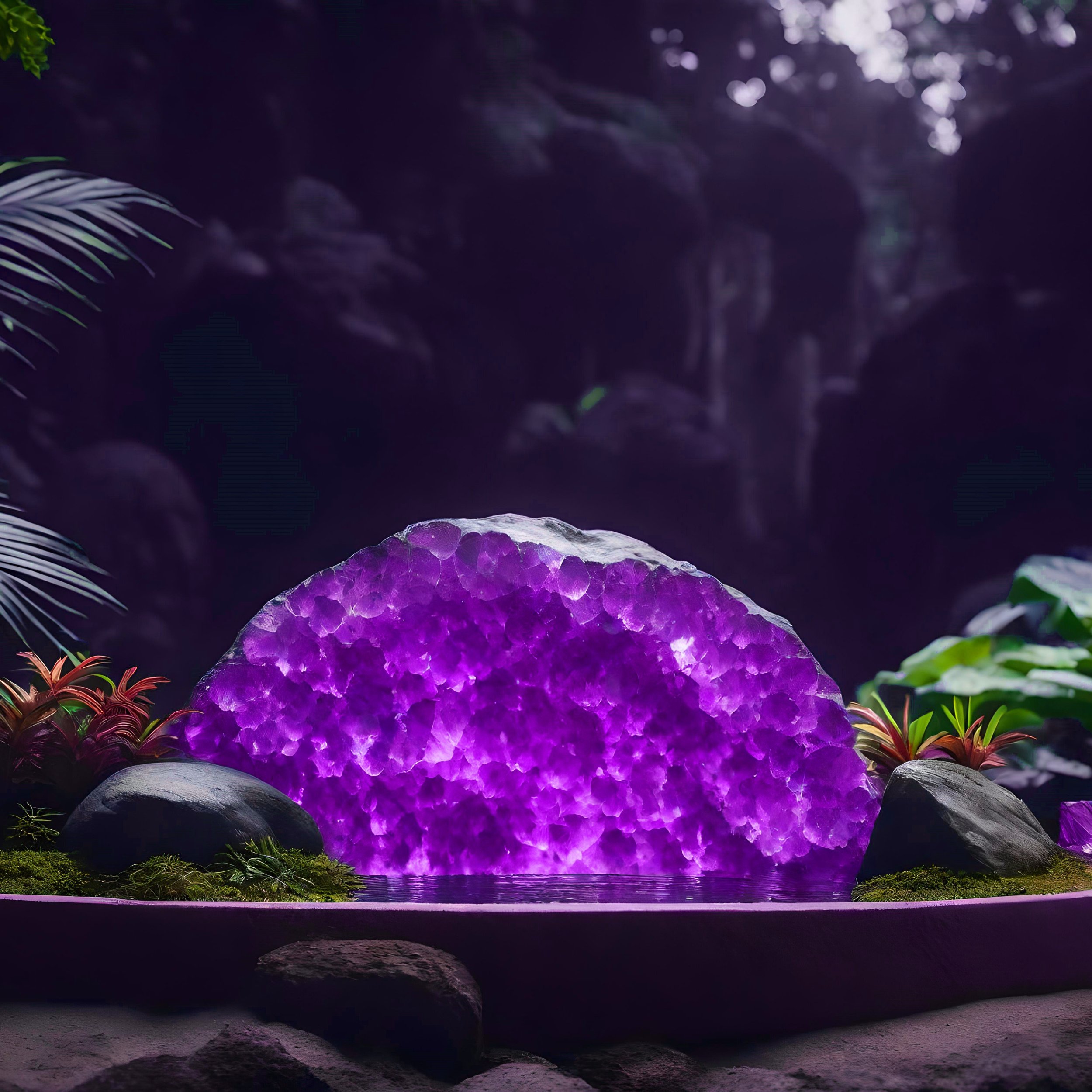 Una fuente decorativa con cristales de amatista que emiten luz púrpura, rodeada de rocas, plantas y vegetación en un entorno oscuro que parece un bosque.