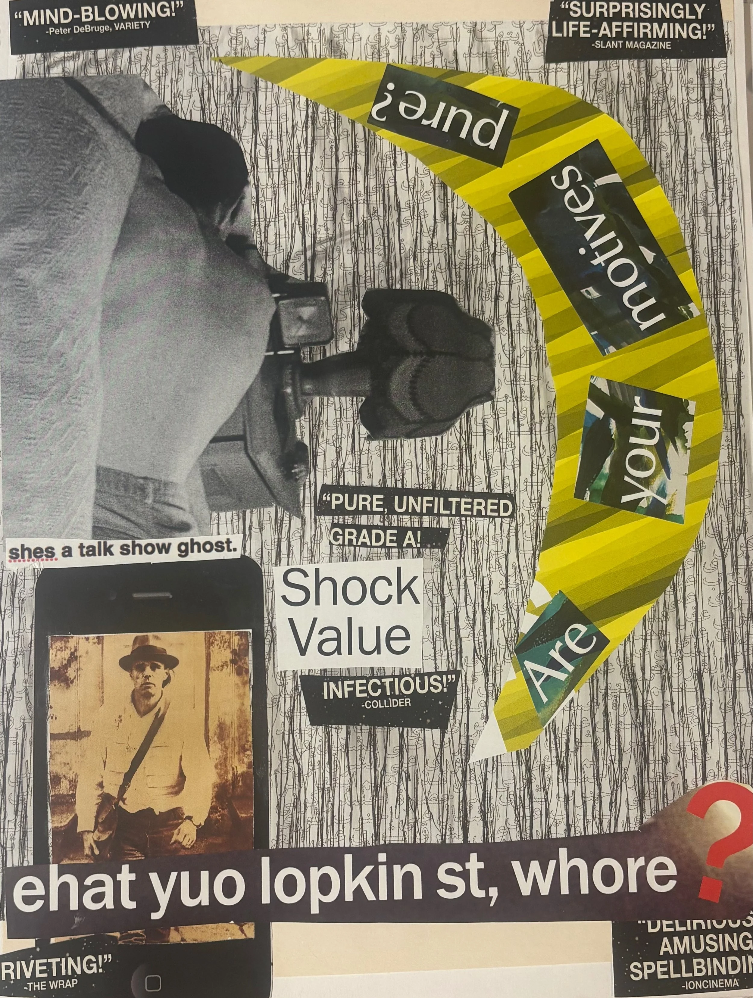 A collage-style image with a black-and-white background of a person lying on a bed, with various cut-out words and images layered over it. The words include phrases like 'Shock Value,' 'PURE, UNFILTERED GRADE A!,' and 'Infectionous!'. There is a phot