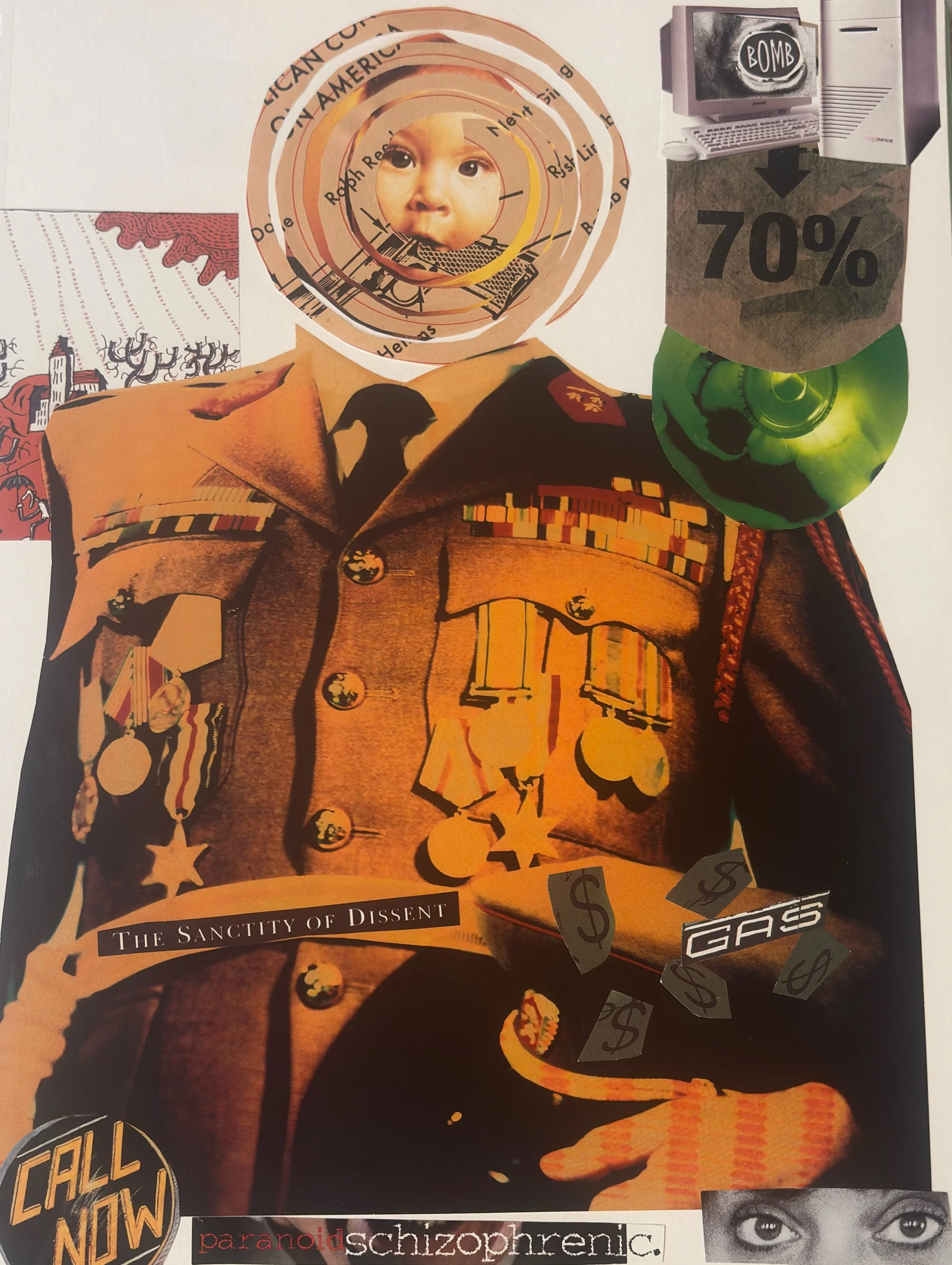 Collage of cutouts featuring a military uniform with medals, a baby face in a circular frame, a computer monitor with the word 'BOMB,' graffiti, and various dollar signs and percentage symbols.