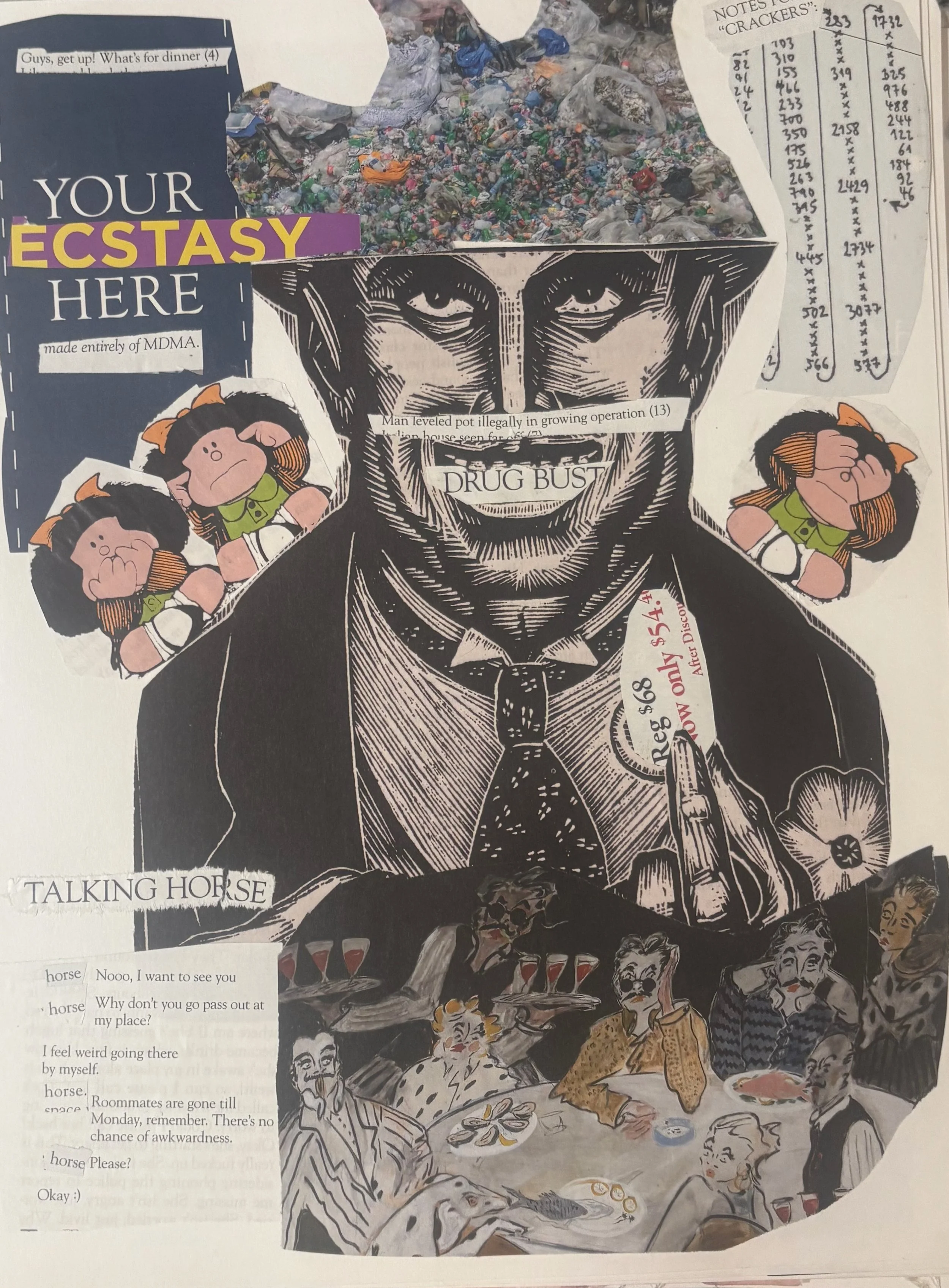 Collage of various images and illustrations, including a large black-and-white drawing of a man in a suit, cartoon characters, a pile of trash, a table of numbers, and text snippets about drug busts, talking horses, and humorous stories.