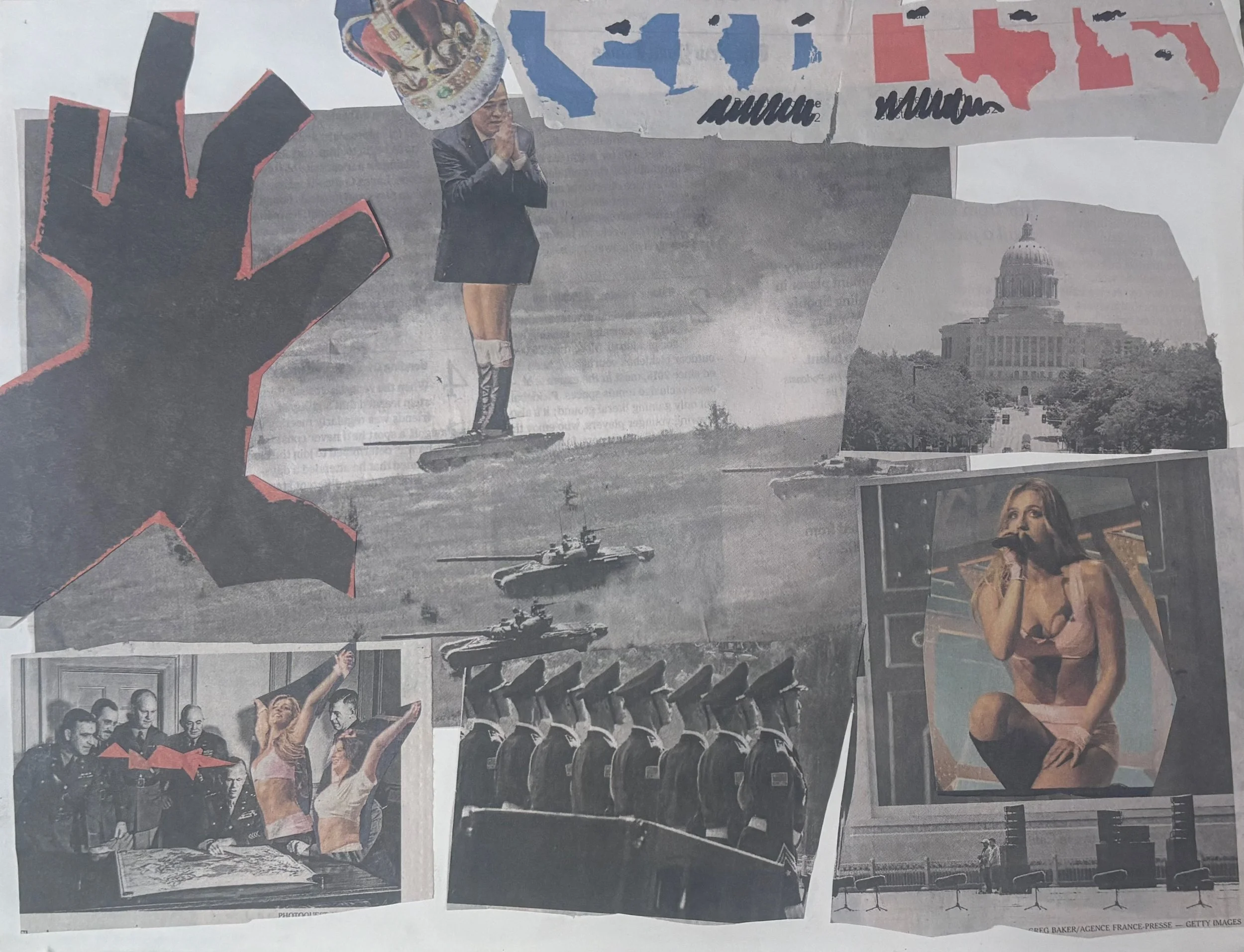 A collage of various images including a woman standing on a skateboard, a large hand cutout, tanks, a government building, costumed individuals, a woman posed in a provocative manner, and silhouettes of military personnel.