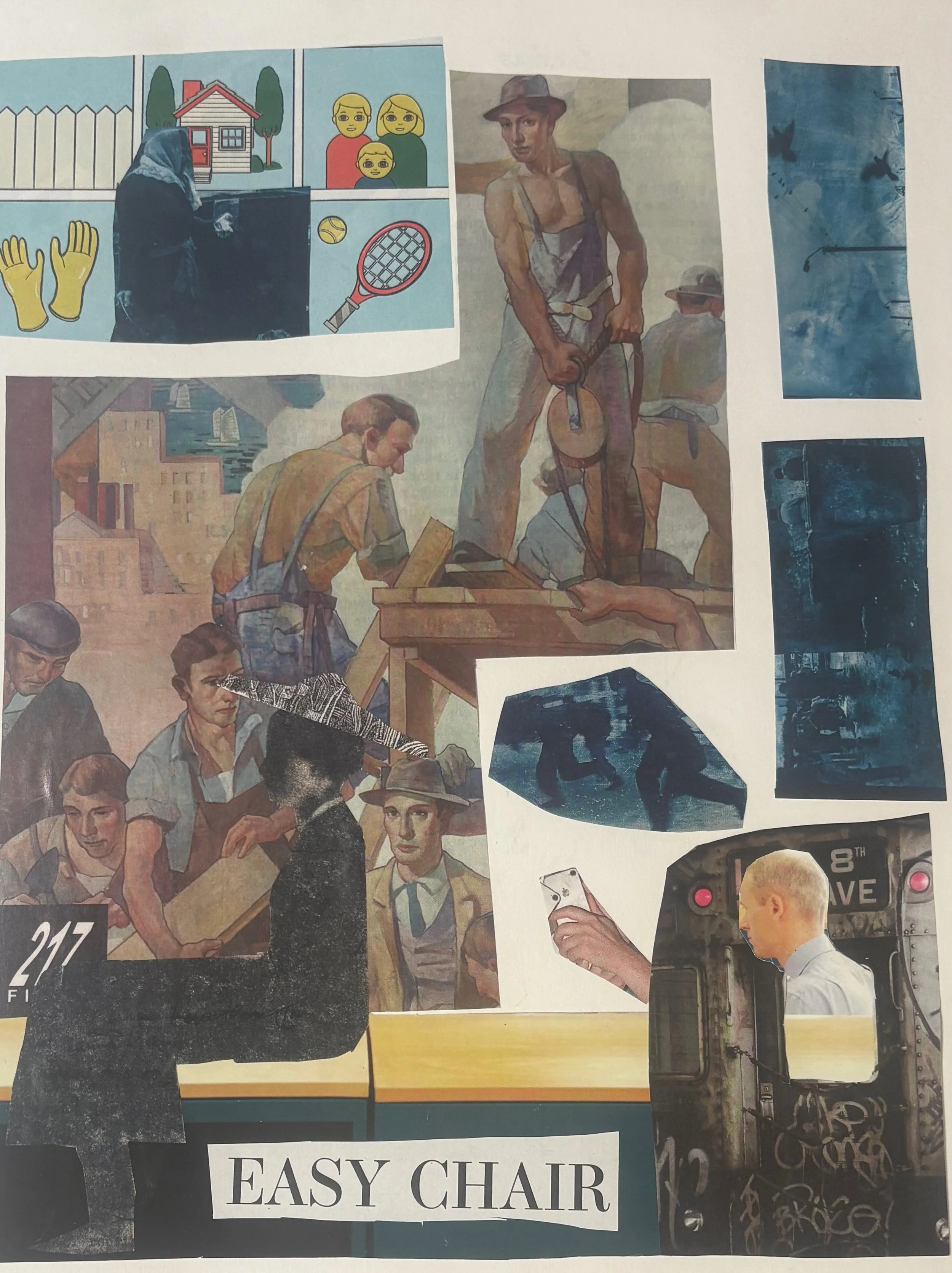 Collage of vintage-style illustrations and photographs, including children playing tennis, workers on a construction site, people on a bus, and a woman taking a selfie; text 'EASY CHAIR' at the bottom.