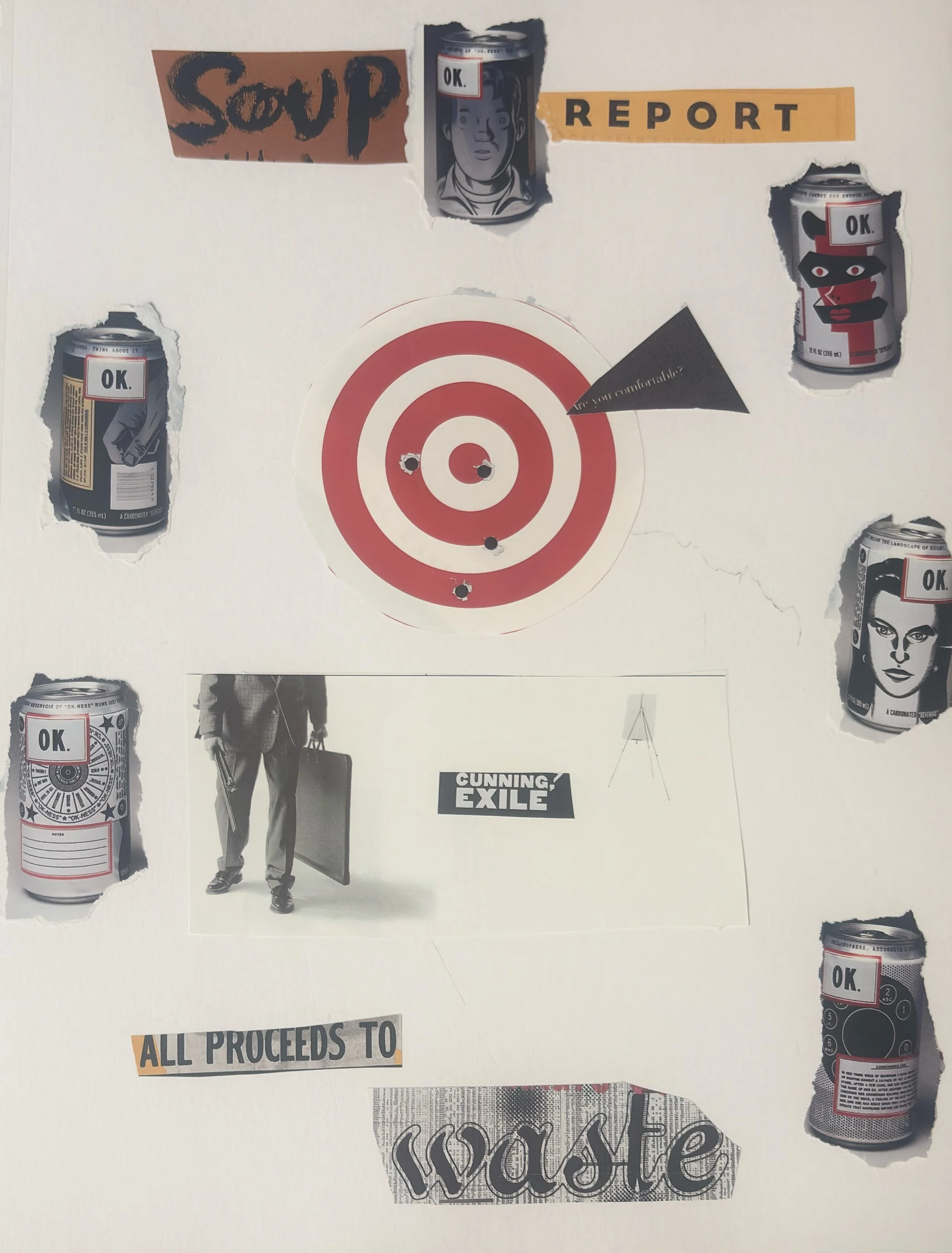 A collage with a target in the center, surrounded by cans labeled 'OK', a black and white photo of a person holding a briefcase labeled 'Cunning Exile', and text including 'Soup', 'Report', 'All Proceeds to Waste', with torn paper and artistic elemen