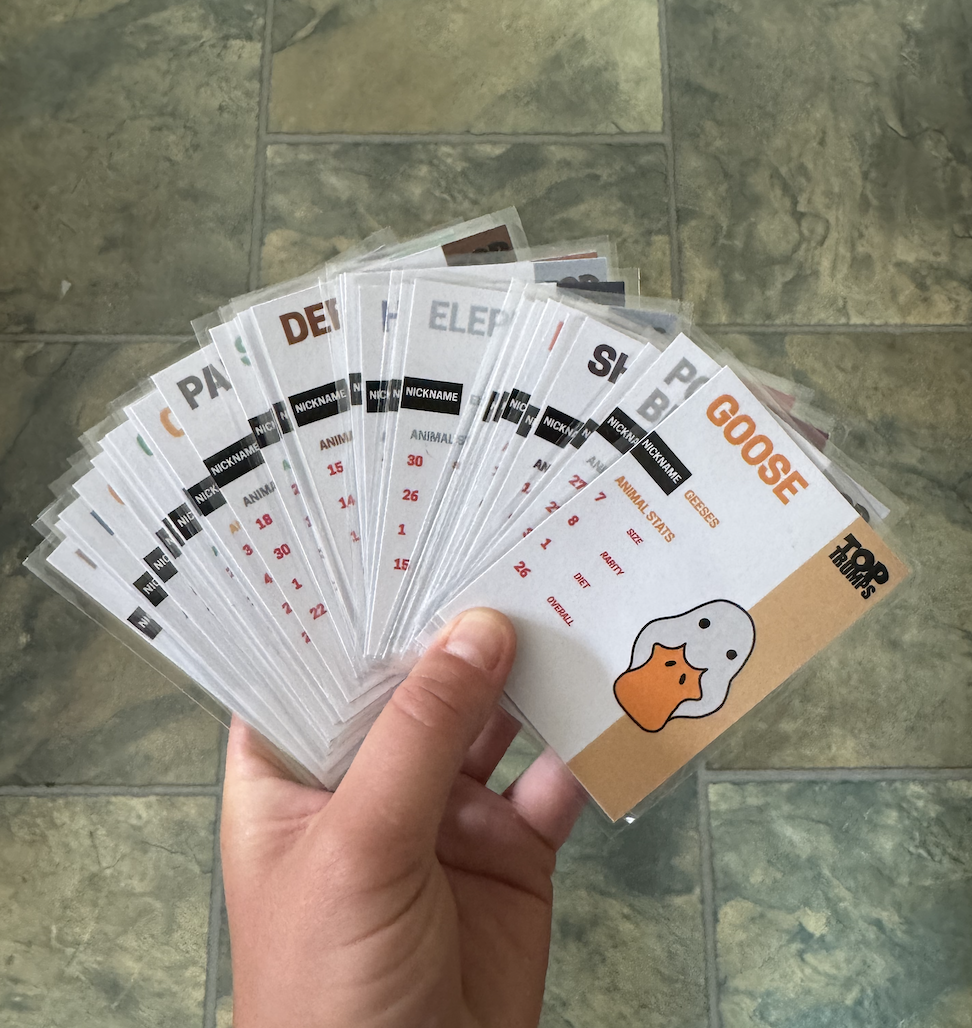 Hand holding transparent cards with animal names and stats, including a goose card with a cartoon goose illustration, on a tiled floor.