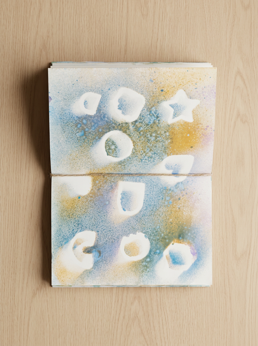 Open book with colorful spray paint background and shapes cut out in the pages, placed on wooden surface.