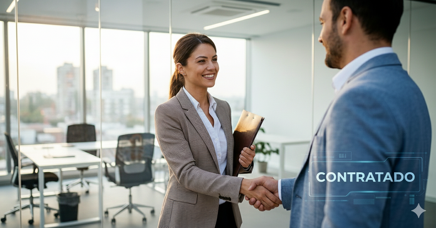 Mujer y hombre dándose la mano en una oficina moderna, mujer con carpeta en la mano, aparece la palabra "CONTRATADO" en la esquina de la imagen.