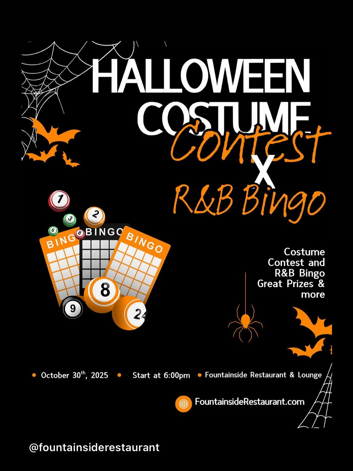 This Thursday is about to be spooky &amp; soulful! 👻🎶
Join us for our Halloween Costume Contest x R&amp;B Bingo &mdash; great prizes, vibes, food, and drinks!
🎃 Thursday, Oct 30th | 6PM | Fountainside Restaurant &amp; Lounge
#RAndBBingo #Halloween