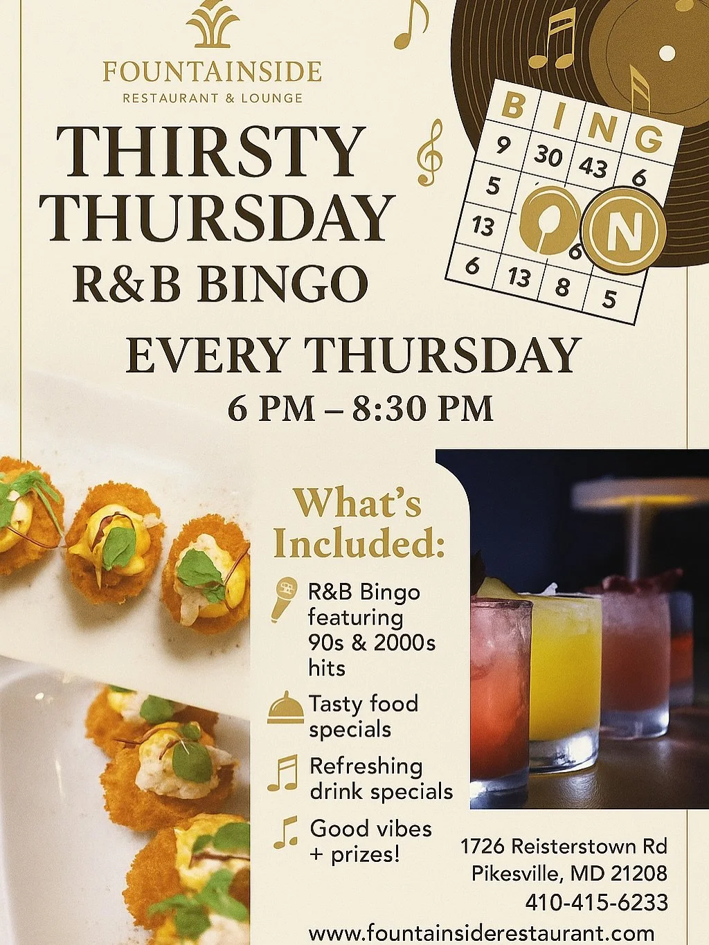 Your favorite night of the week is back &mdash; R&amp;B Bingo + Thirsty Thursday at Fountainside 🎶✨ Sip, sing, and vibe with us all night. Grown &amp; sexy energy only. #RnBBingo #ThirstyThursday #fountainsidelounge #baltimore #dmvevents #baltimoree