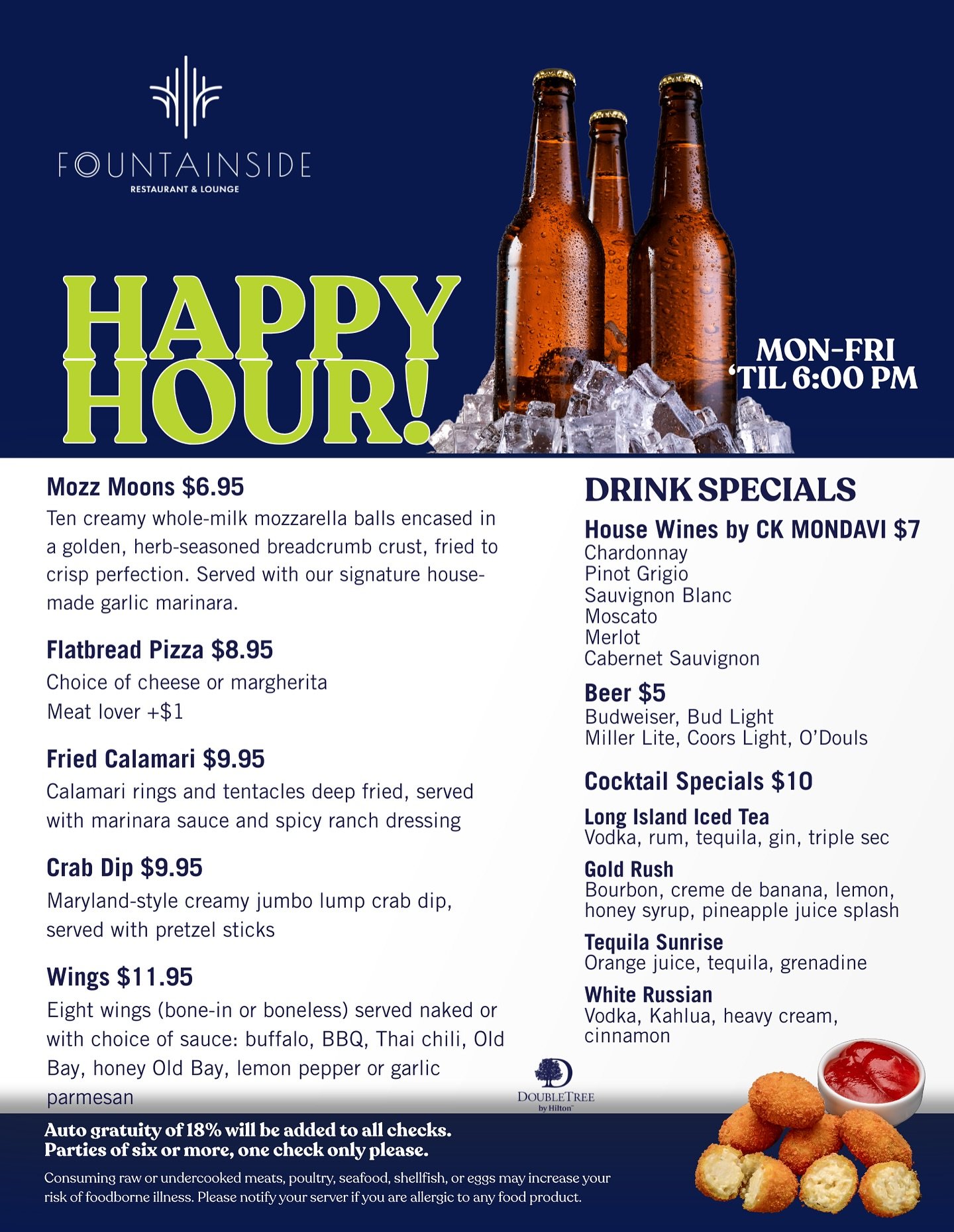 🍹 It&rsquo;s that time again &mdash; Happy Hour at Fountainside!
Unwind with your favorite drinks, appetizers, and good vibes. 5PM&ndash;7PM &mdash; see you at the bar! #FountainsideHappyHour #goodvibesonly #dmv #food #happyhour