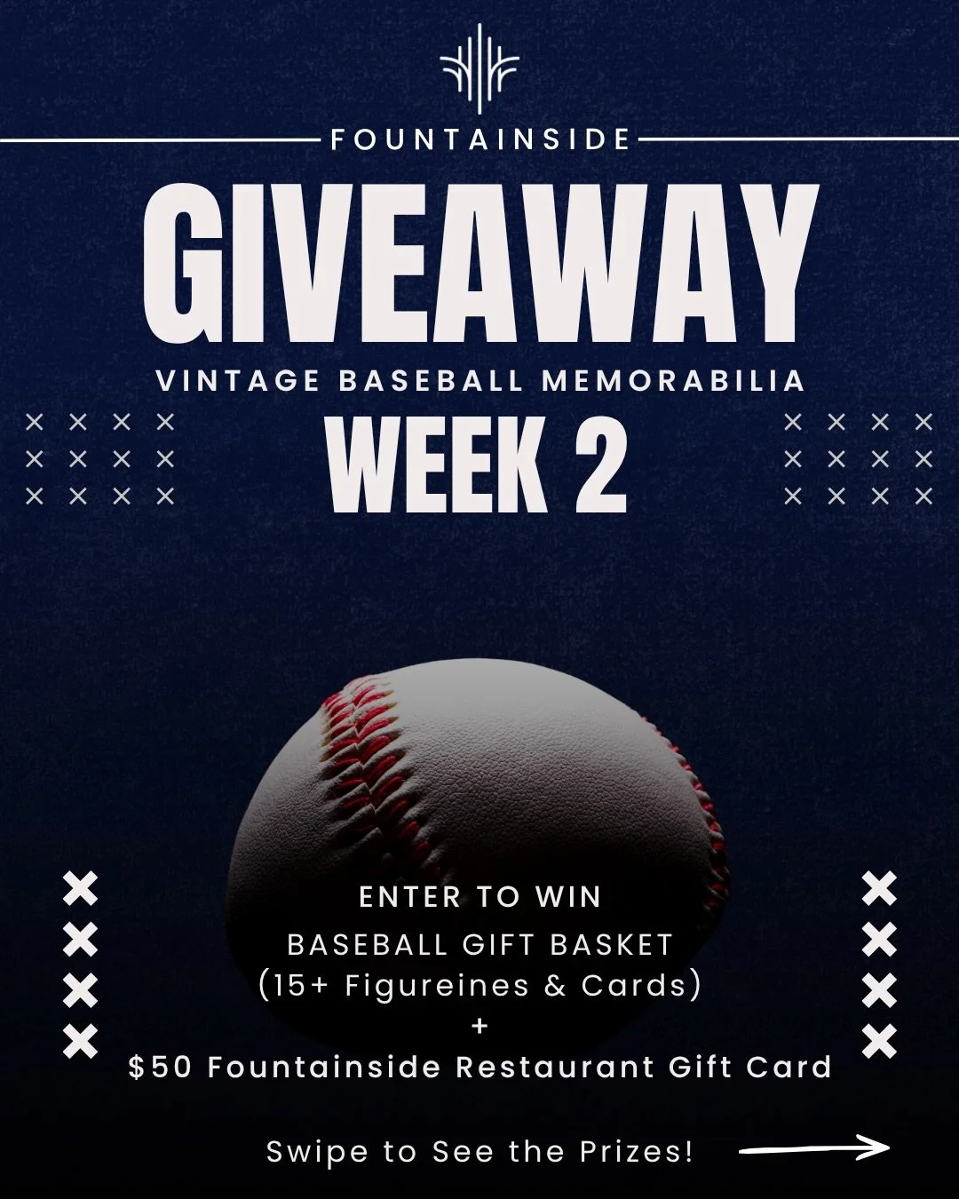 We&rsquo;re back with another chance to win 👀 Our 4-week giveaway series continues!

Enter for a chance to win:
15+ Baseball Memorabilia Basket (cards + figurines)
$50 Fountainside Restaurant &amp; Lounge gift card

How to enter:
✔️ Like this post
✔