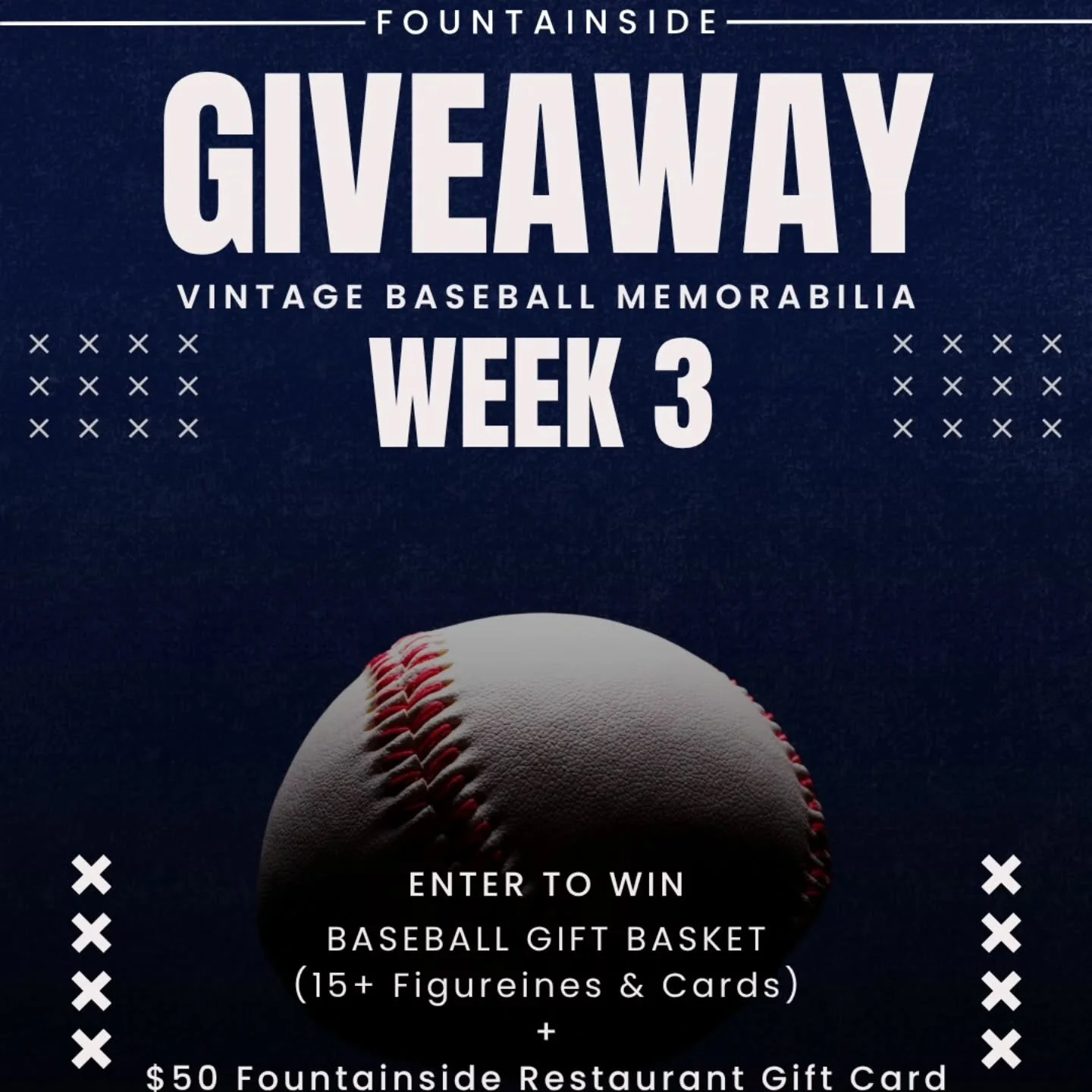 Week 3 is here 👀 and the giveaways keep getting better.
Enter for your chance to win:
 15+ Baseball Memorabilia Basket (cards + figurines)
 $50 Fountainside Restaurant &amp; Lounge gift card
How to enter:
 ✔️ Like this post
 ✔️ Tag 2 baseball fans
 
