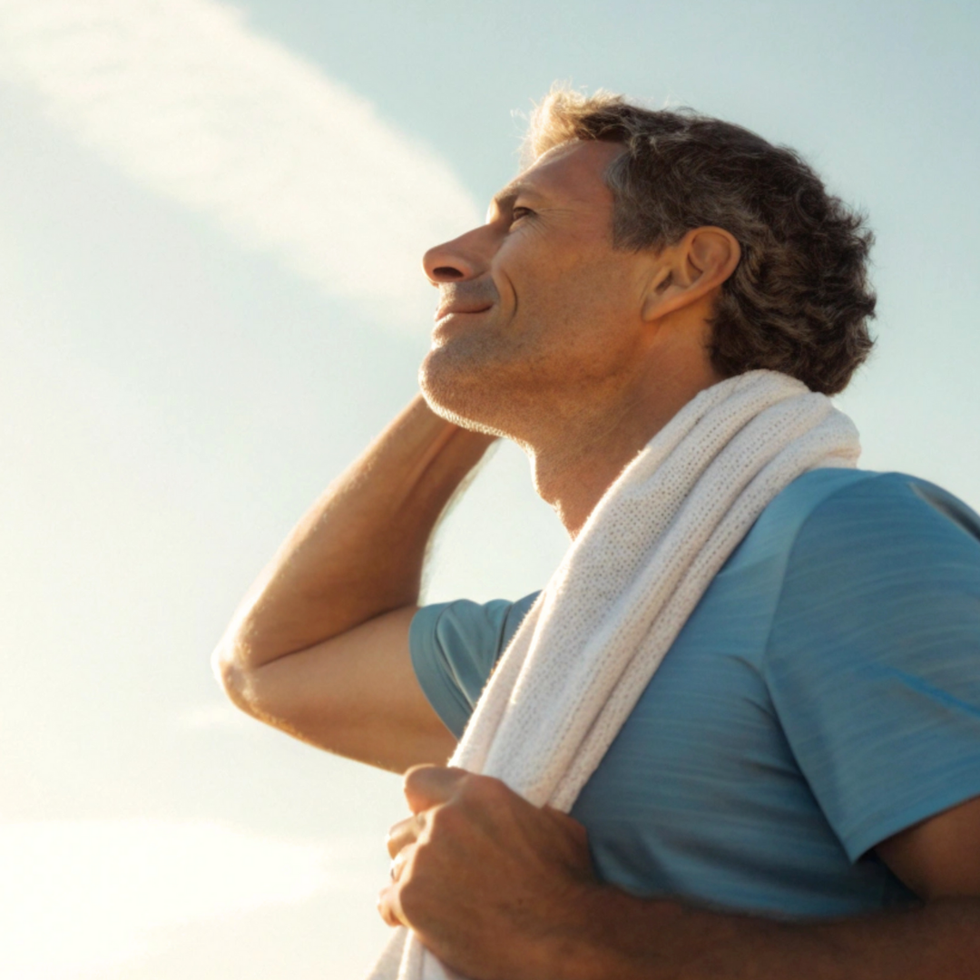 A middle-aged man with curly hair and a towel around his shoulders enjoys the sunshine outside.