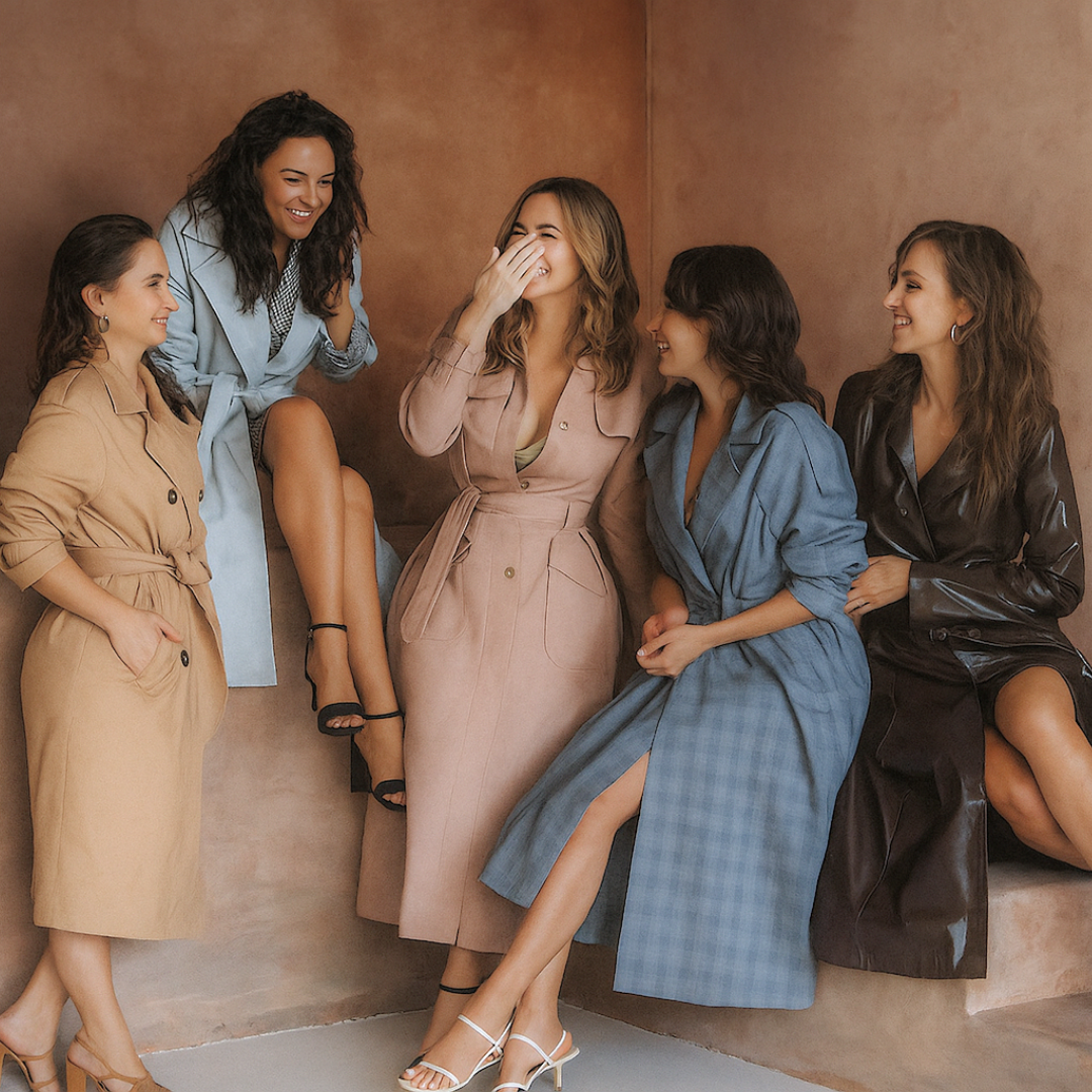 Five women enjoying a moment together, one laughing while covering her mouth, in a casual indoor setting.