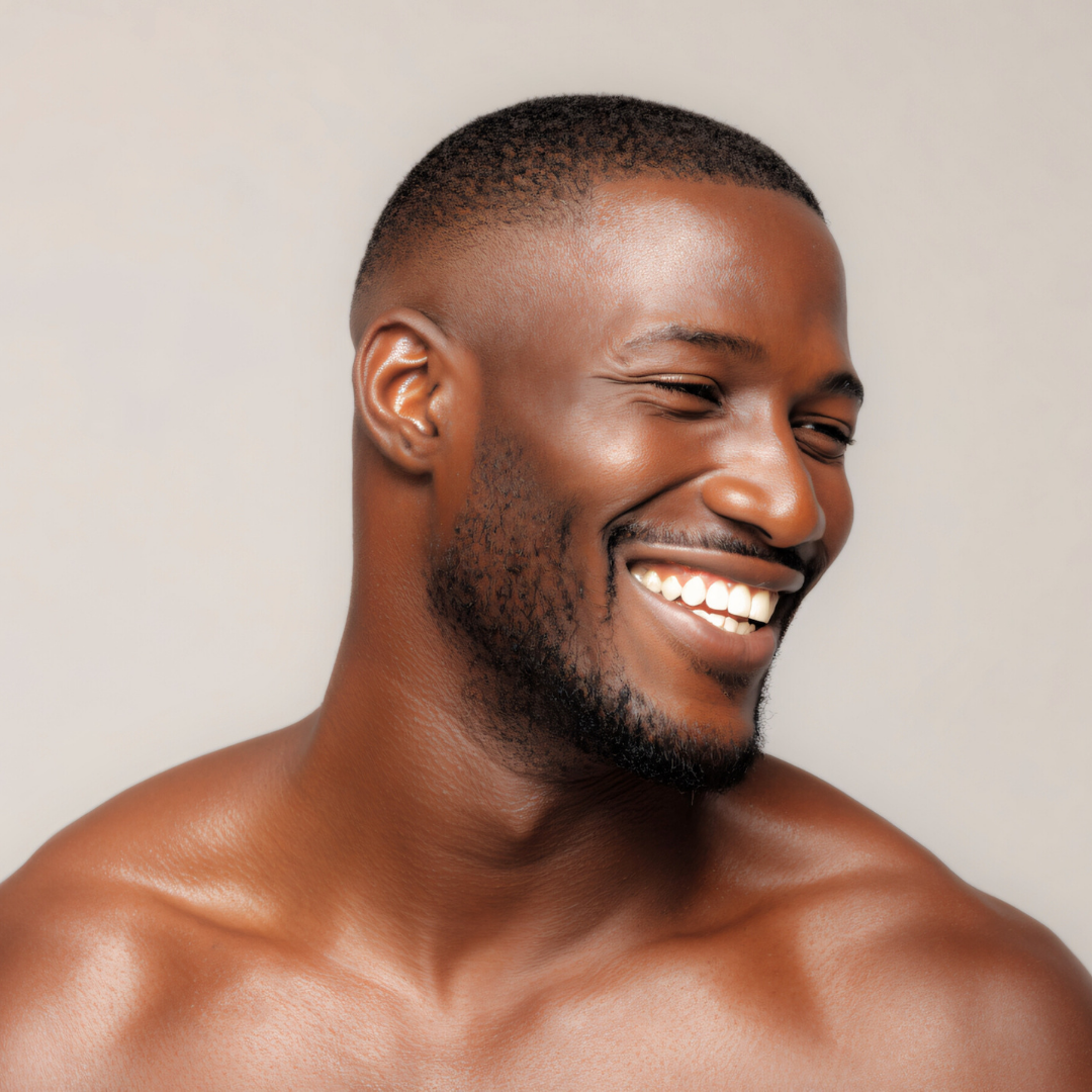 Close-up of a smiling Black man with short hair and a beard, looking to the side, against a neutral background.
