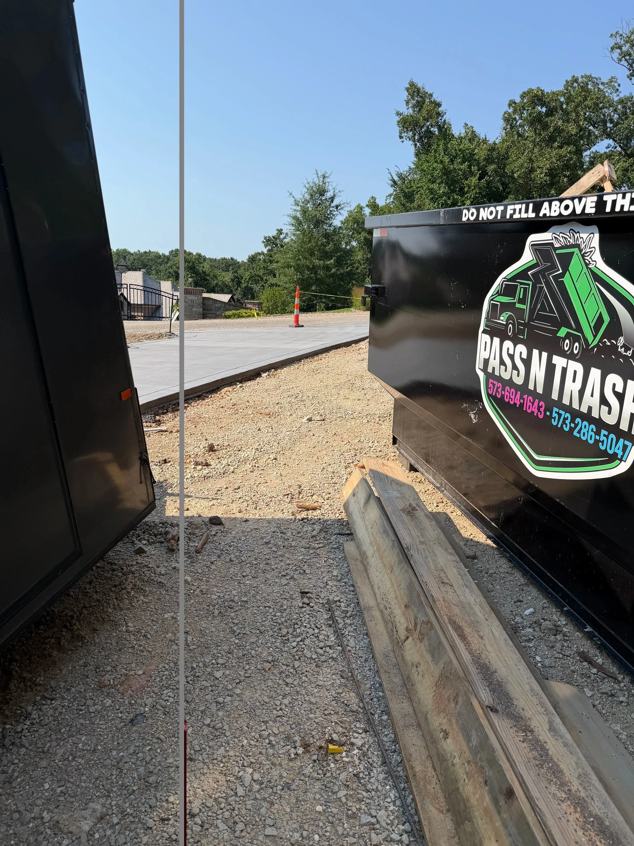 Pass N Trash dumpster rental at a residential construction site in Lake of the Ozarks, Missouri