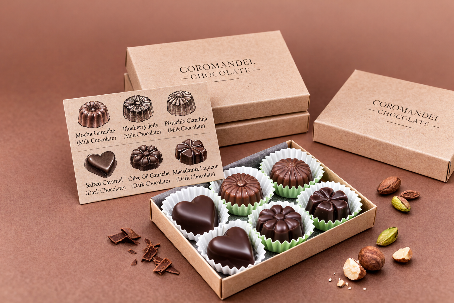 An open box of assorted chocolates labeled 'Coromandel Chocolate,' with a display card showing flavor descriptions and images, surrounded by nuts and chocolate shavings on a brown background.