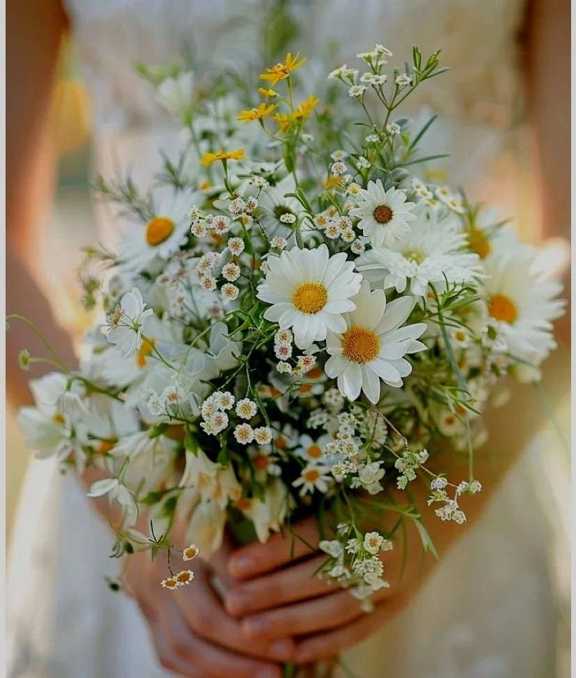 A person holding a bouquet of white daisies, small yellow, and white wildflowers with green foliage. Represents wedding flowers for events in Central Otago.