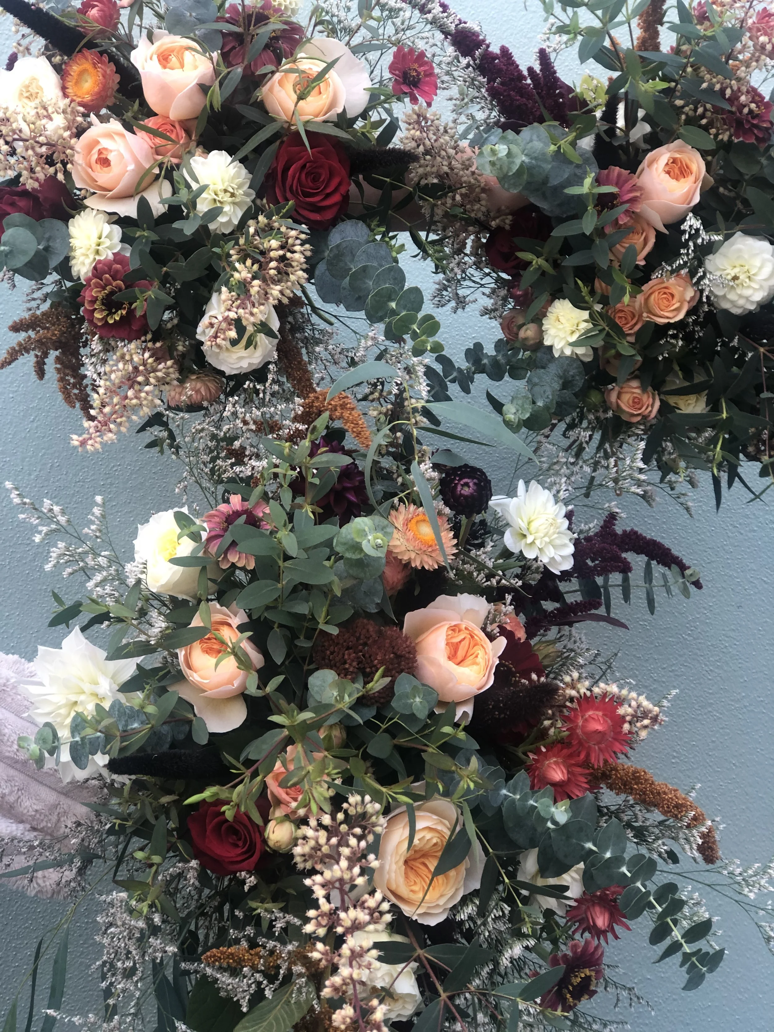 Large floral arrangement featuring roses, dahlias and seasonal flowers by The Daily Stem florist, Central Otago.
